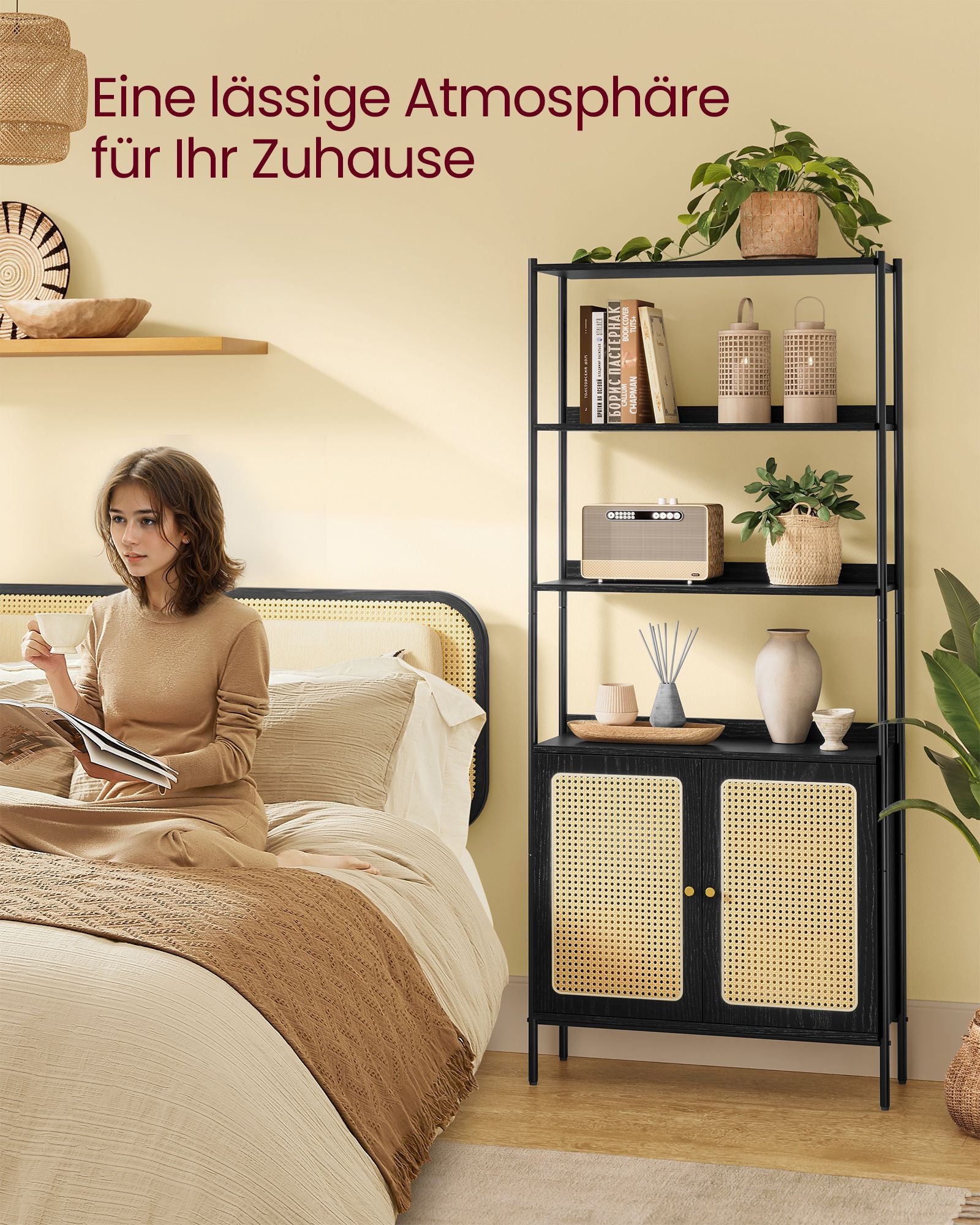Bücherregal mit Türen in Rattan-Optik benholzschwarz-mattschwarz