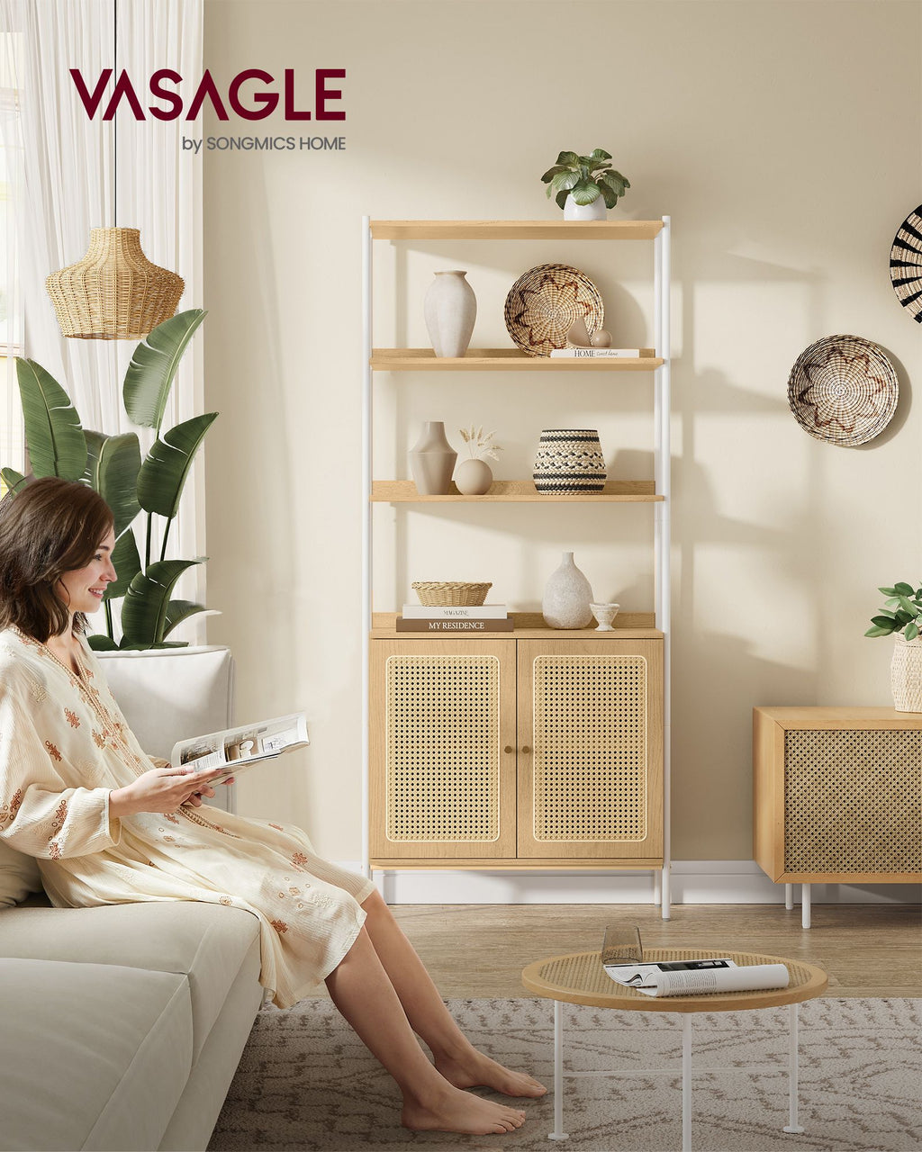 Bücherregal mit Türen in Rattan-Optik eichenbeige-perlweiß