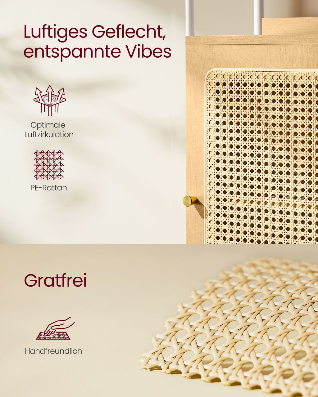 Bücherregal mit Türen in Rattan-Optik eichenbeige-perlweiß