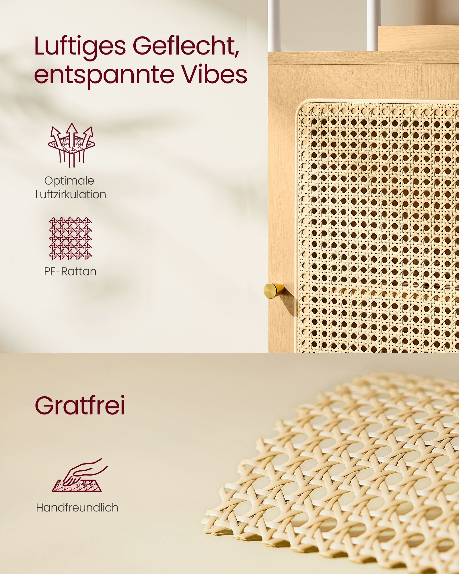 Bücherregal mit Türen in Rattan-Optik eichenbeige-perlweiß