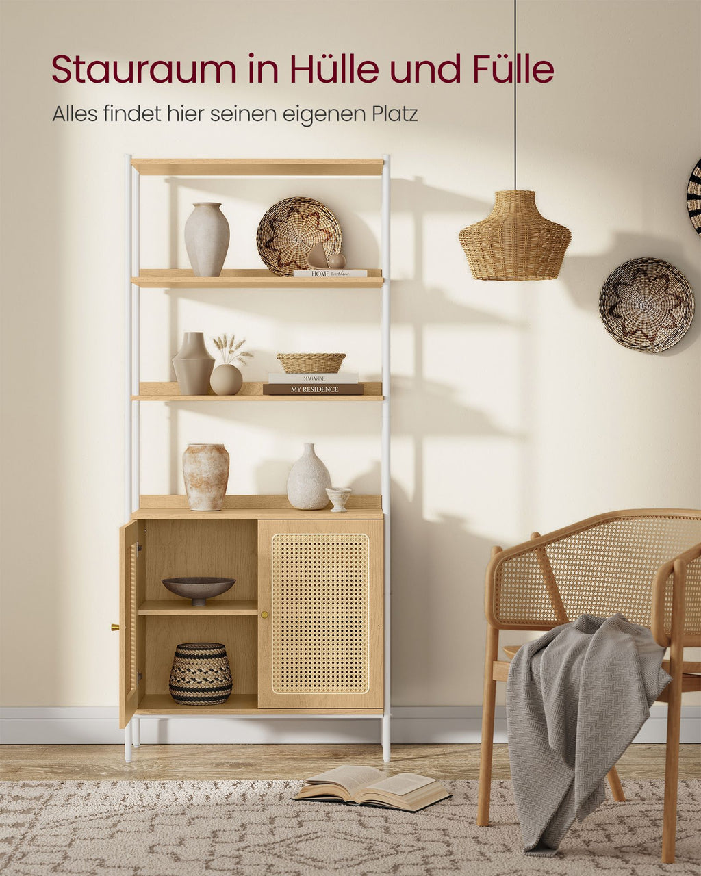 Bücherregal mit Türen in Rattan-Optik eichenbeige-perlweiß