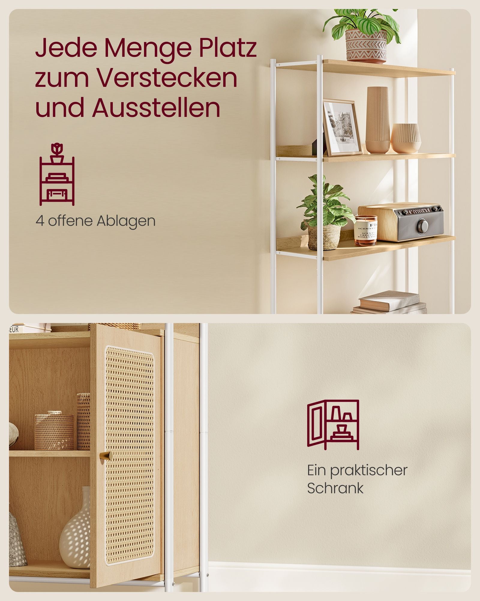 Bücherregal mit Türen in Rattan-Optik eichenbeige-perlweiß