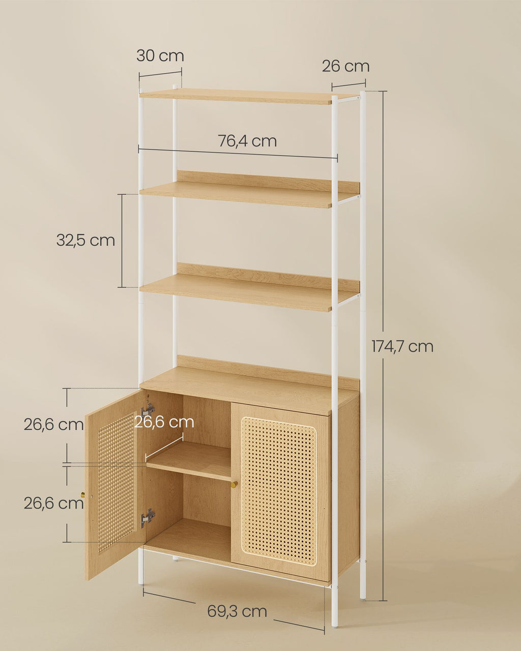 Bücherregal mit Türen in Rattan-Optik eichenbeige-perlweiß