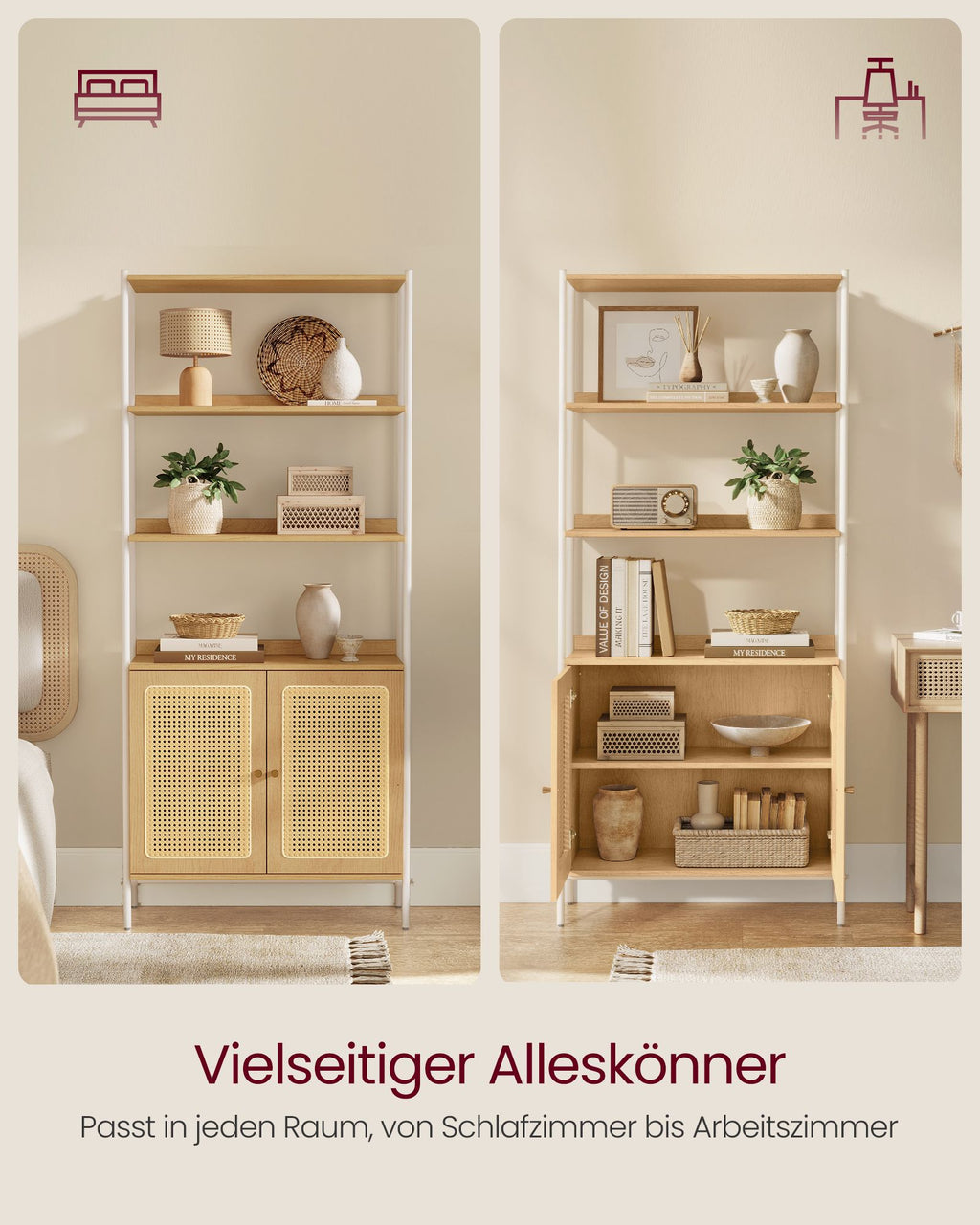 Bücherregal mit Türen in Rattan-Optik eichenbeige-perlweiß