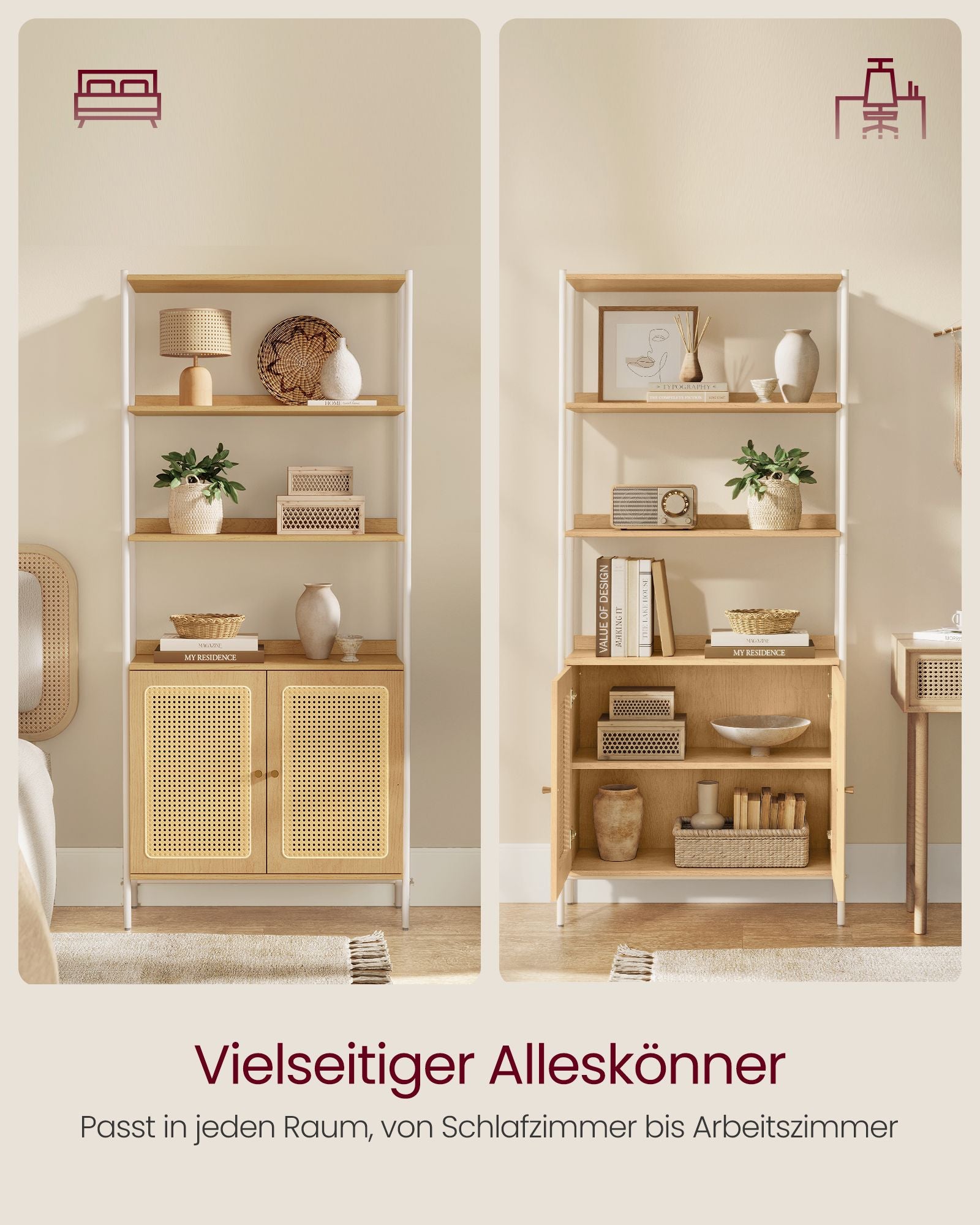 Bücherregal mit Türen in Rattan-Optik eichenbeige-perlweiß