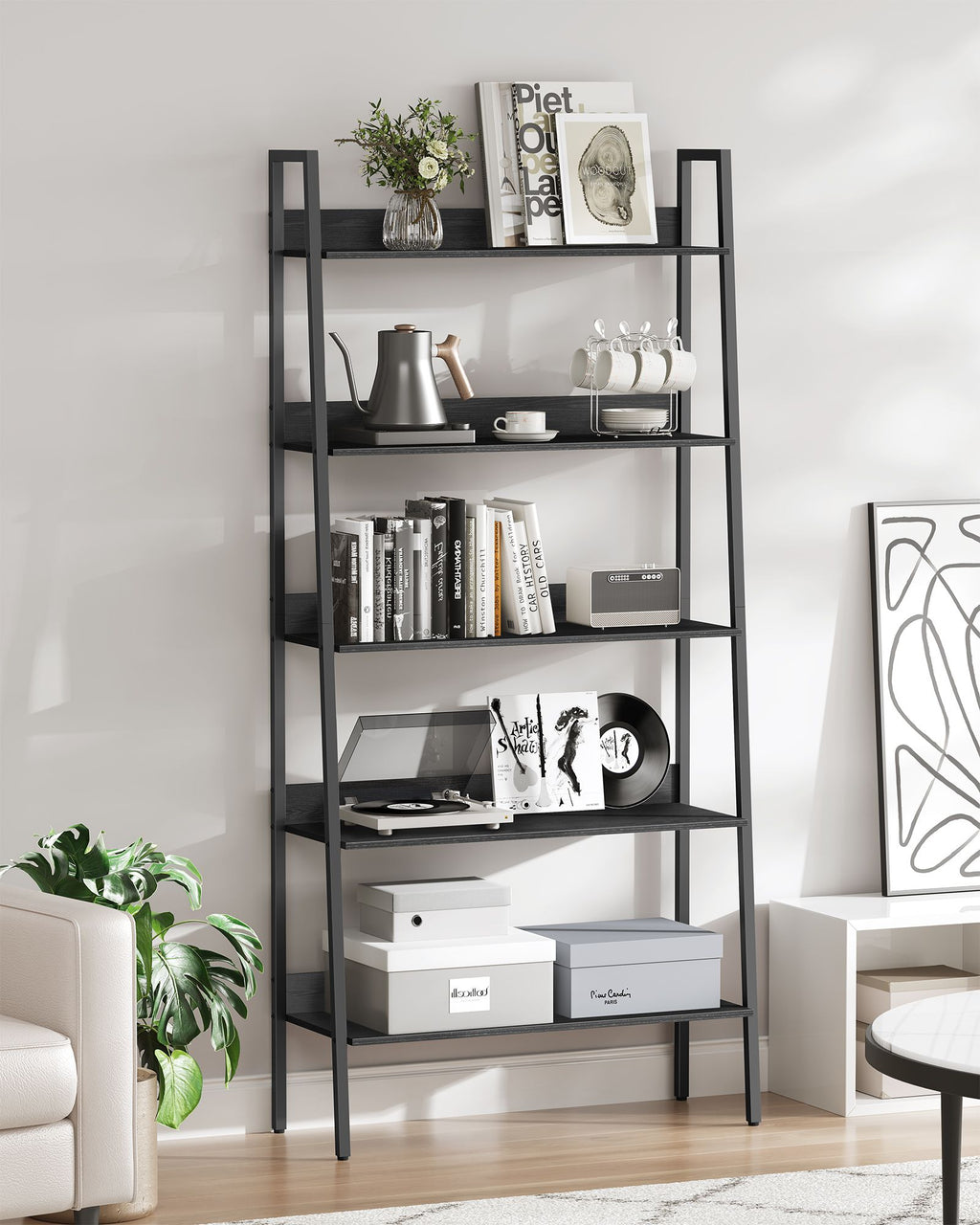 Bücherregal 5 Ebenen Industrie-Design ebenholzschwarz-tintenschwarz