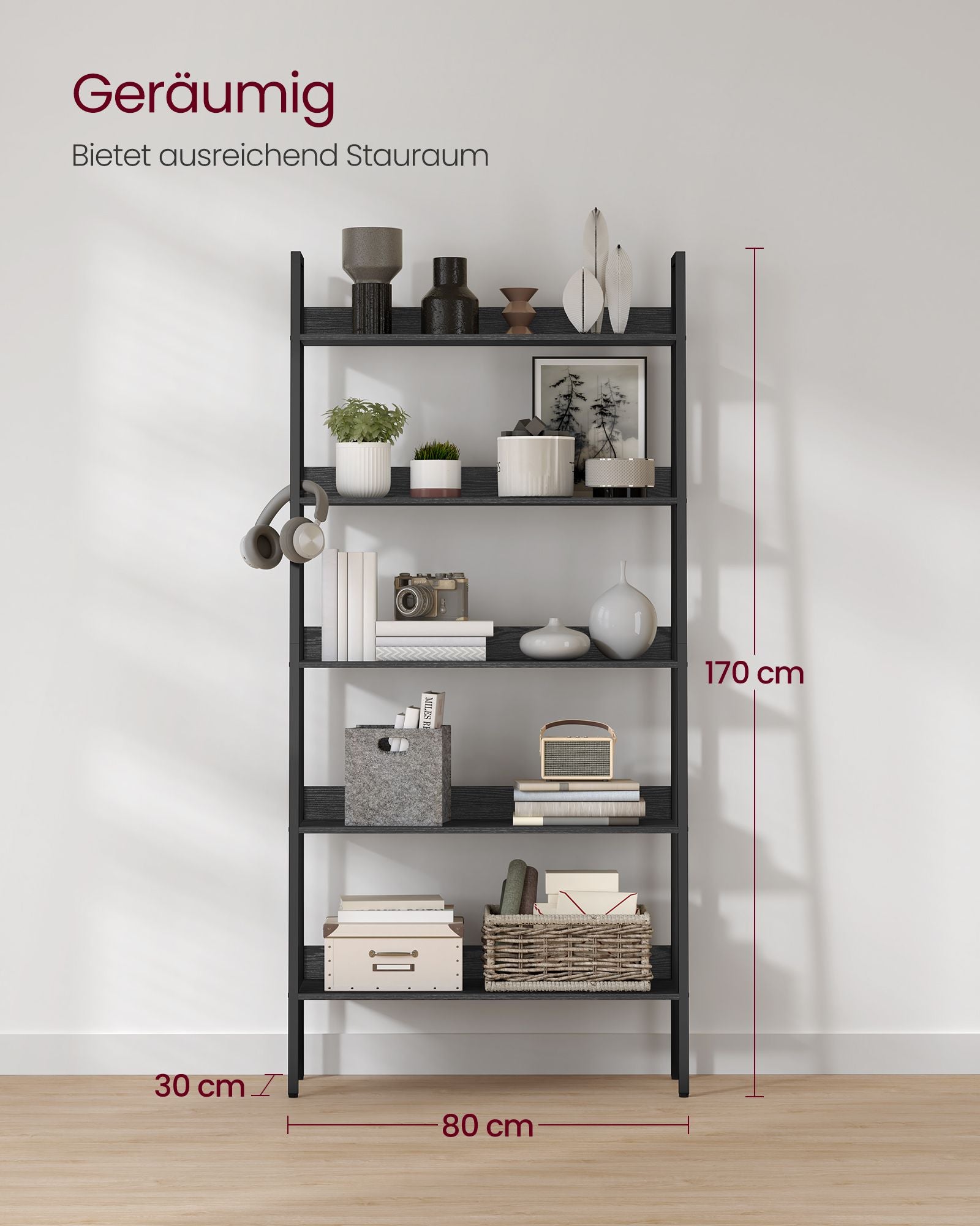 Bücherregal 5 Ebenen Industrie-Design ebenholzschwarz-tintenschwarz