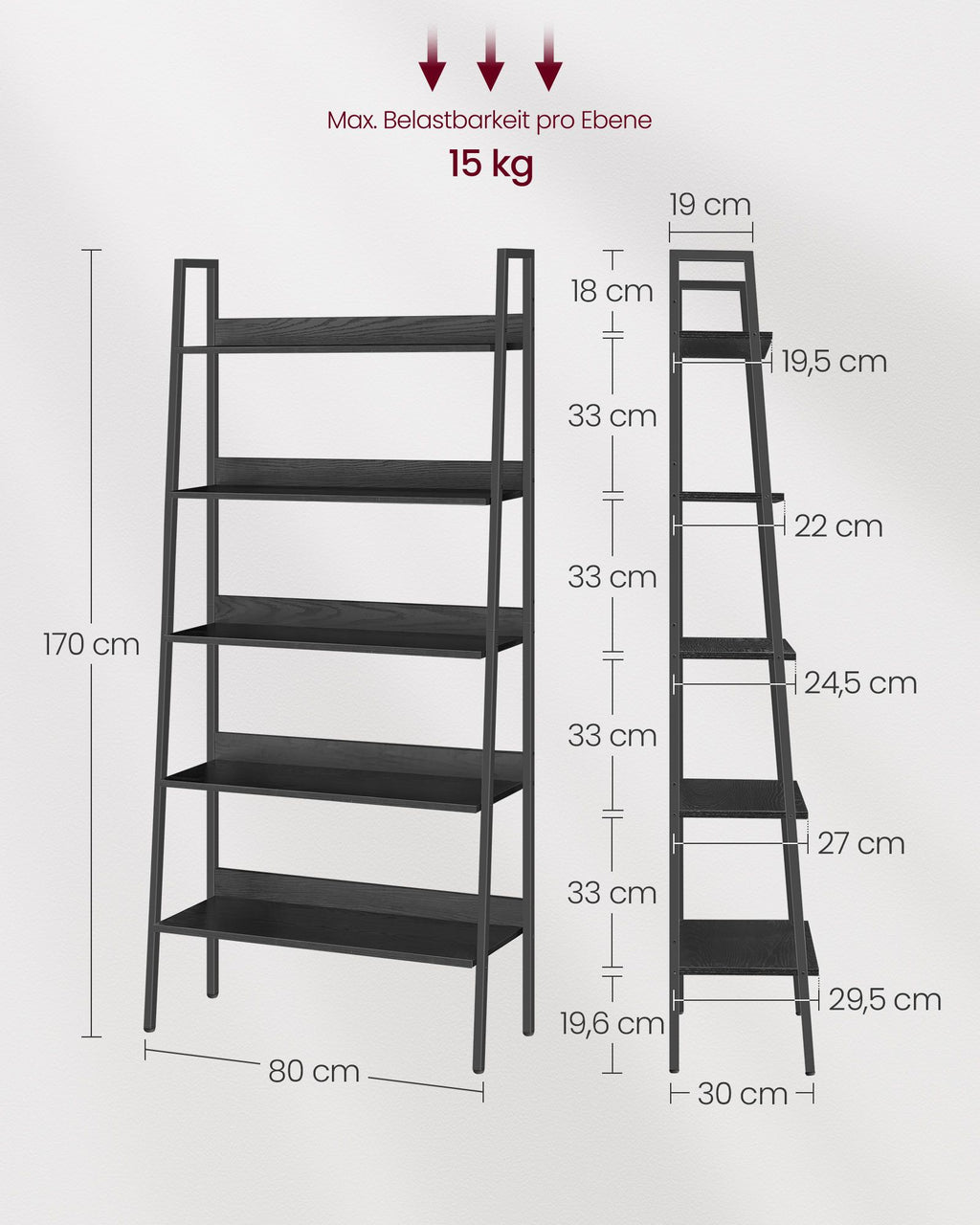 Bücherregal 5 Ebenen Industrie-Design ebenholzschwarz-tintenschwarz