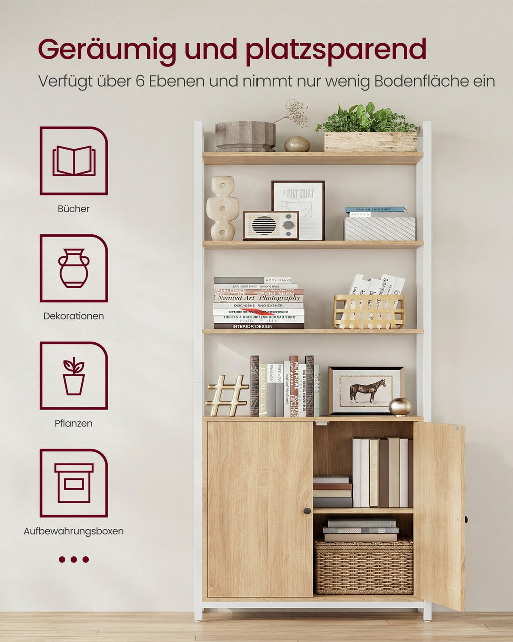 Bücherregal 6 Ebenen verstellbare Ablagen  24 x 60 x 159,5 cm goldeichenfarbe-mattweiß
