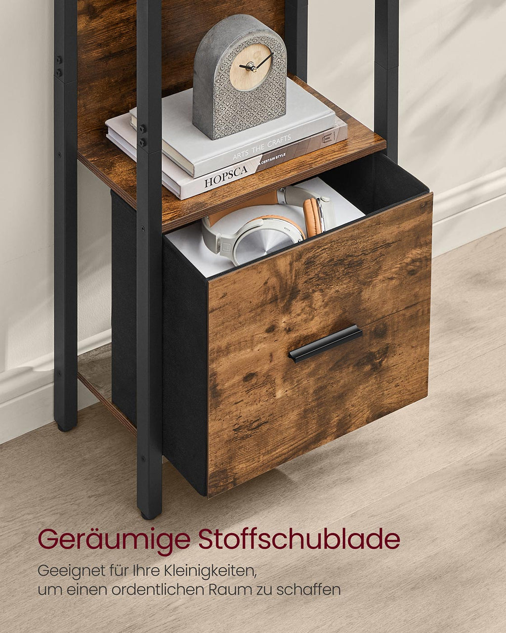 Bücherregal mit Schublade und Stahlrahmen im Industrial Design