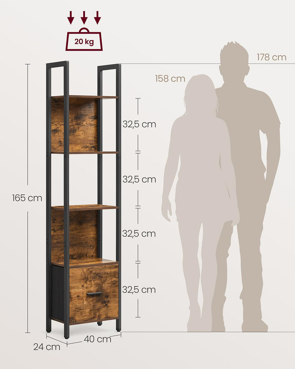 Bücherregal mit Schublade und Stahlrahmen im Industrial Design