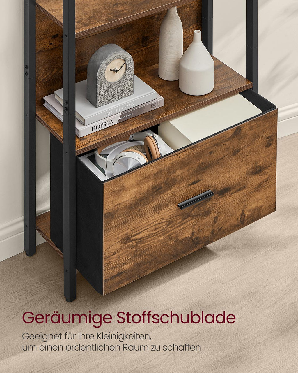 Bücherregal mit Schublade und Stahlrahmen im Industrial Design