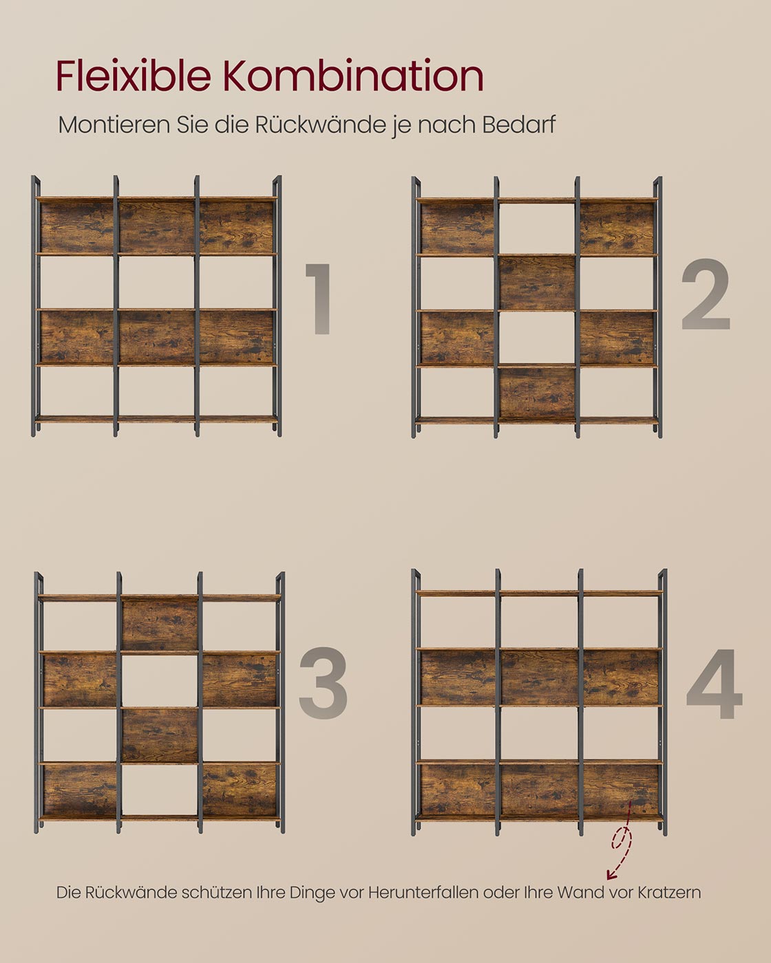 Standregal mit 5 offenen Regalebenen Vintagebraun-Schwarz
