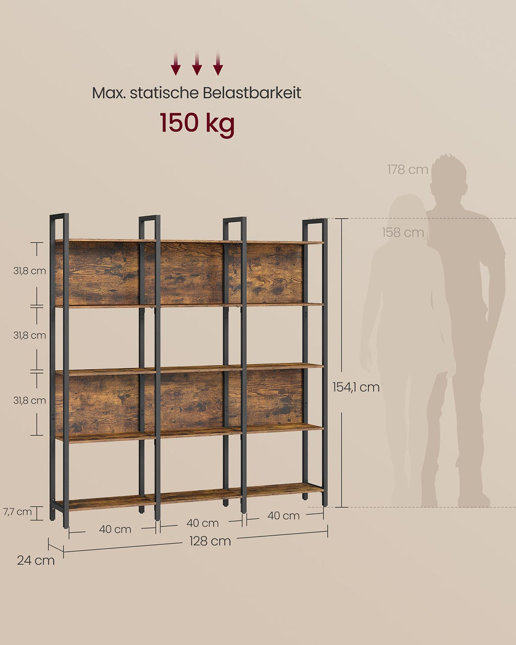 Standregal mit 5 offenen Regalebenen Vintagebraun-Schwarz