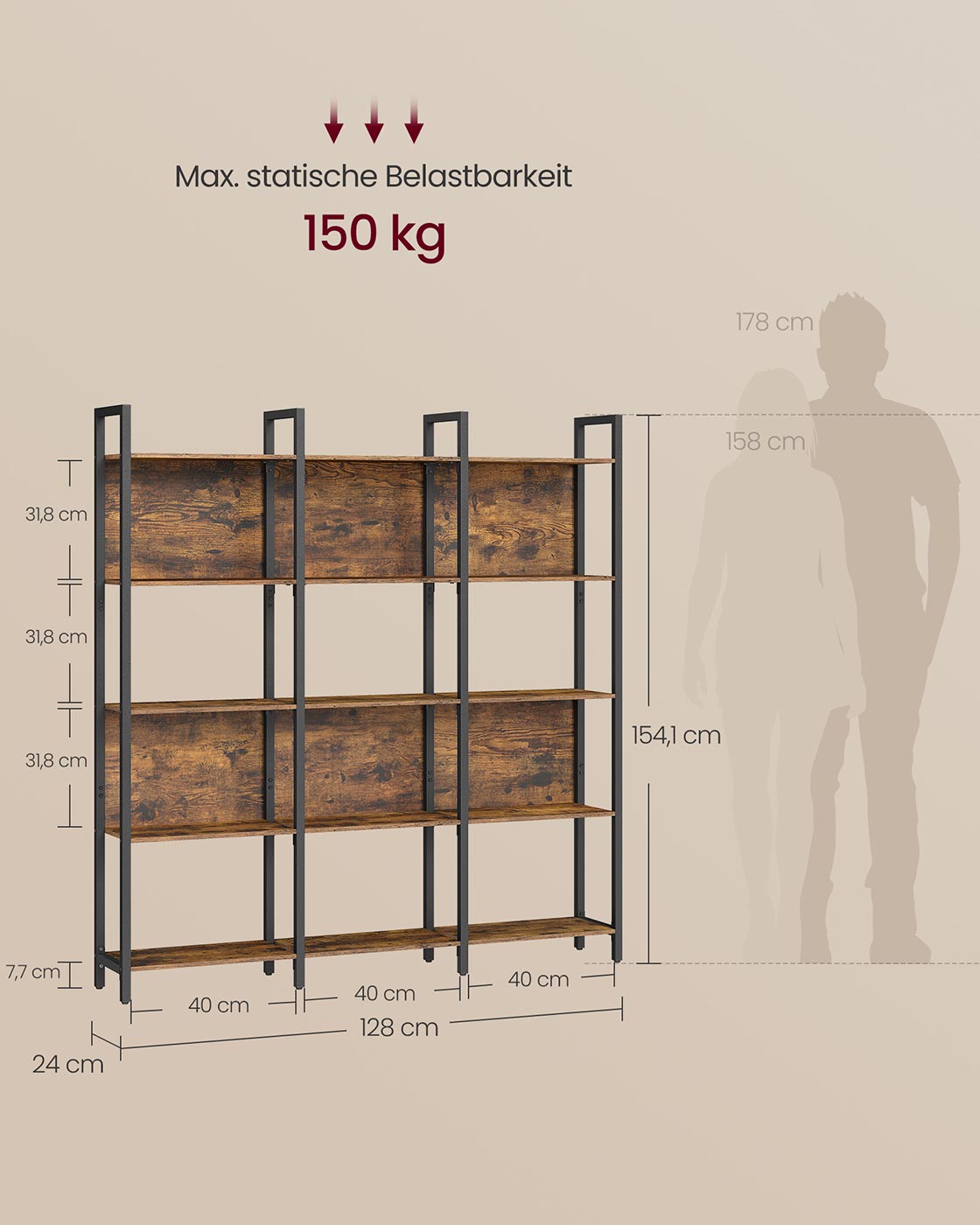 Standregal mit 5 offenen Regalebenen Vintagebraun-Schwarz