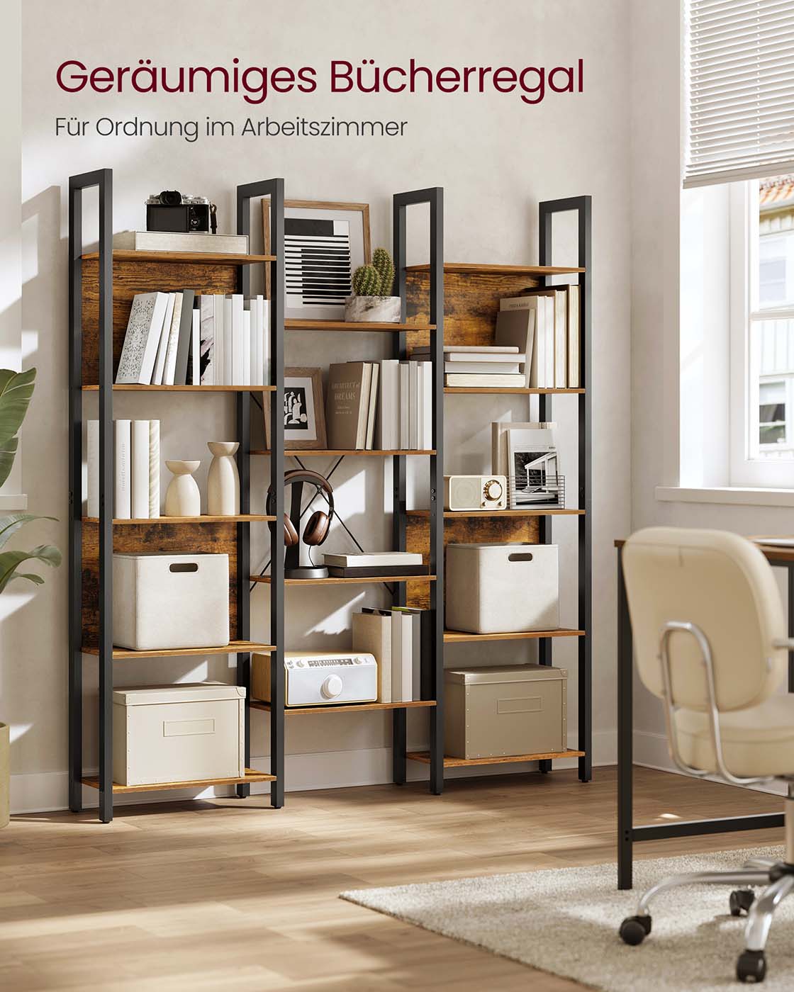 Bücherregal mit Metallrahmen und 14 Ablagen vintagebraun-tintenschwarz