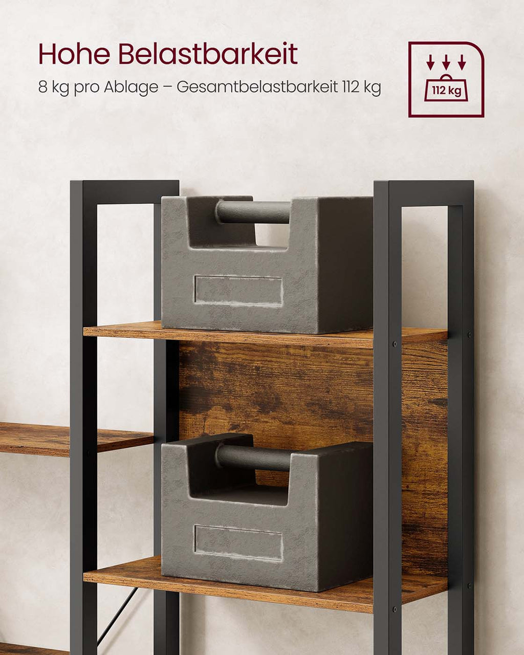 Bücherregal mit Metallrahmen und 14 Ablagen vintagebraun-tintenschwarz