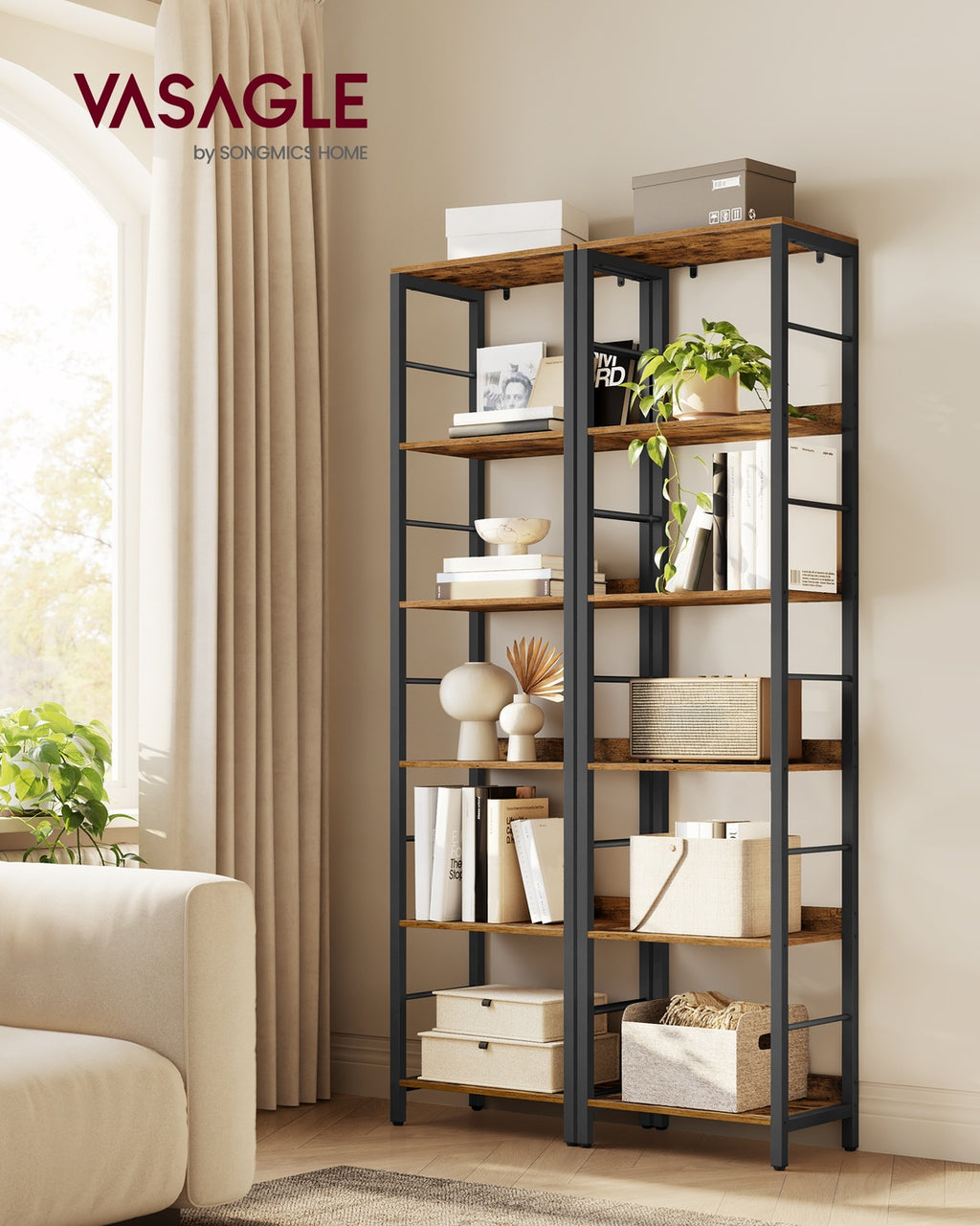 Bücherregal mit 6 Ebenen 30 x 40 x 178 cm Industrie-Design vintagebraun-tintenschwarz