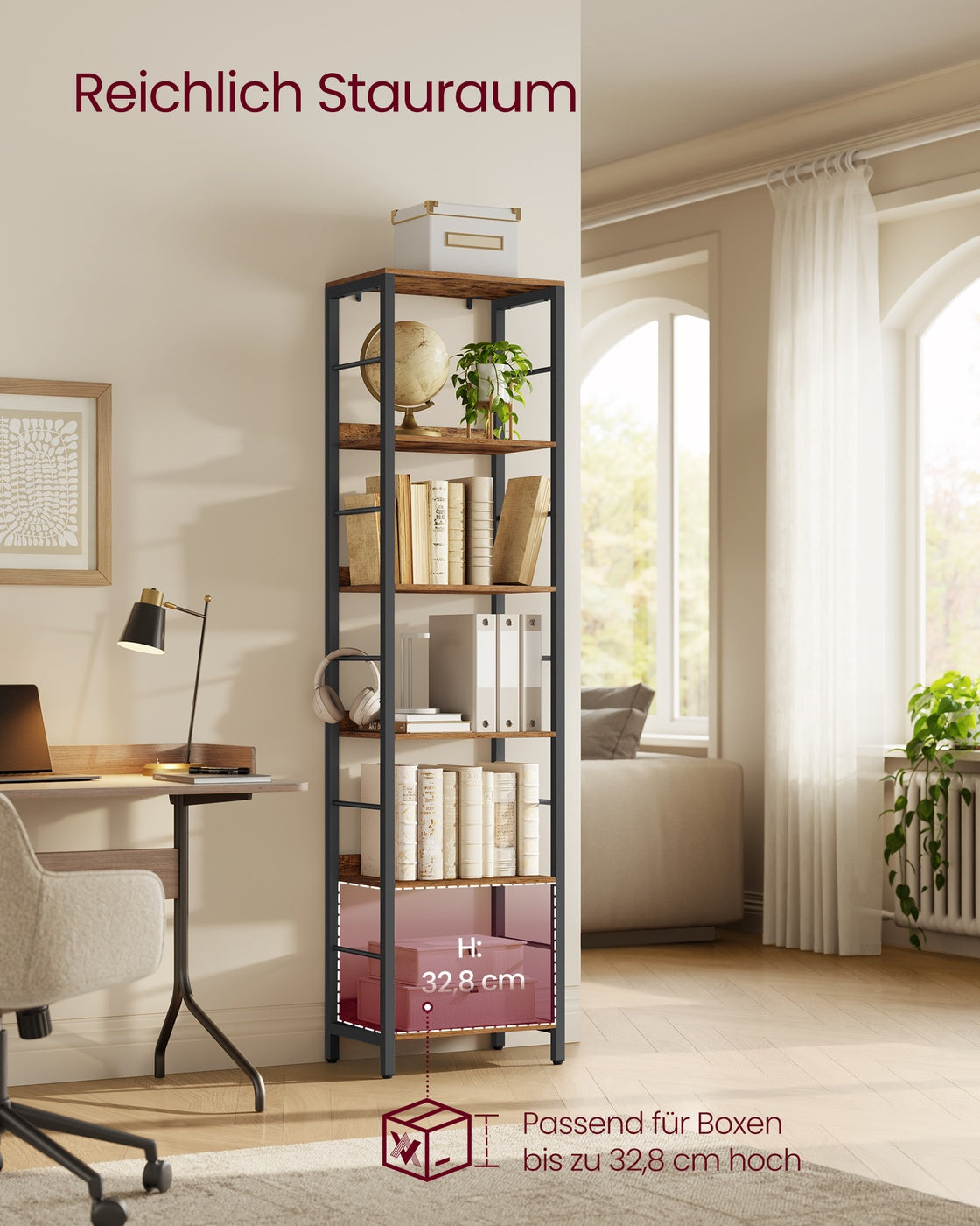 Bücherregal mit 6 Ebenen 30 x 40 x 178 cm Industrie-Design vintagebraun-tintenschwarz