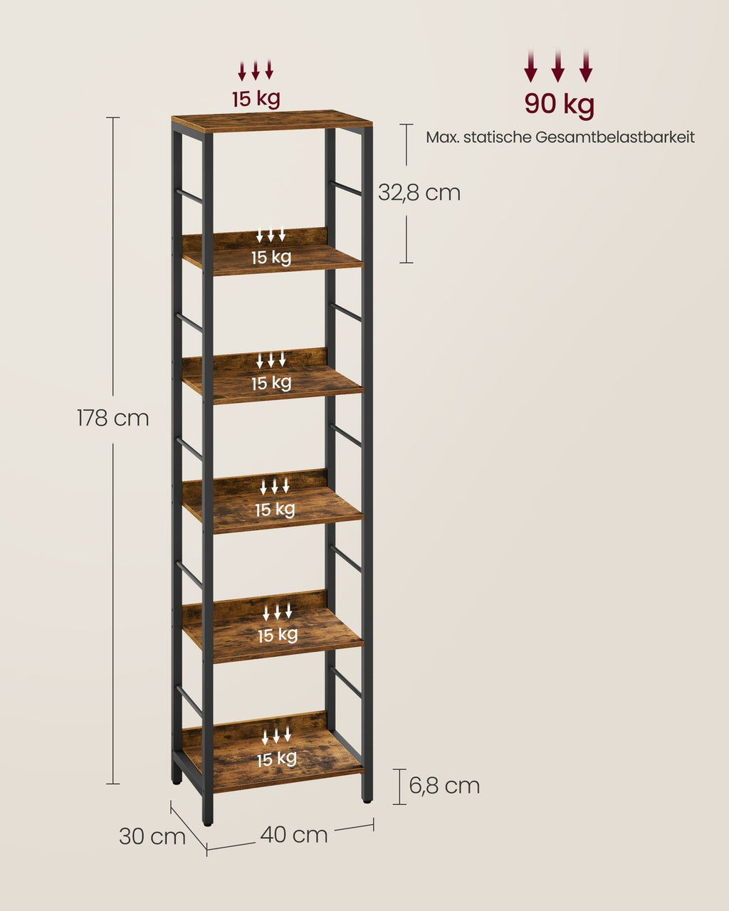 Bücherregal mit 6 Ebenen 30 x 40 x 178 cm Industrie-Design vintagebraun-tintenschwarz