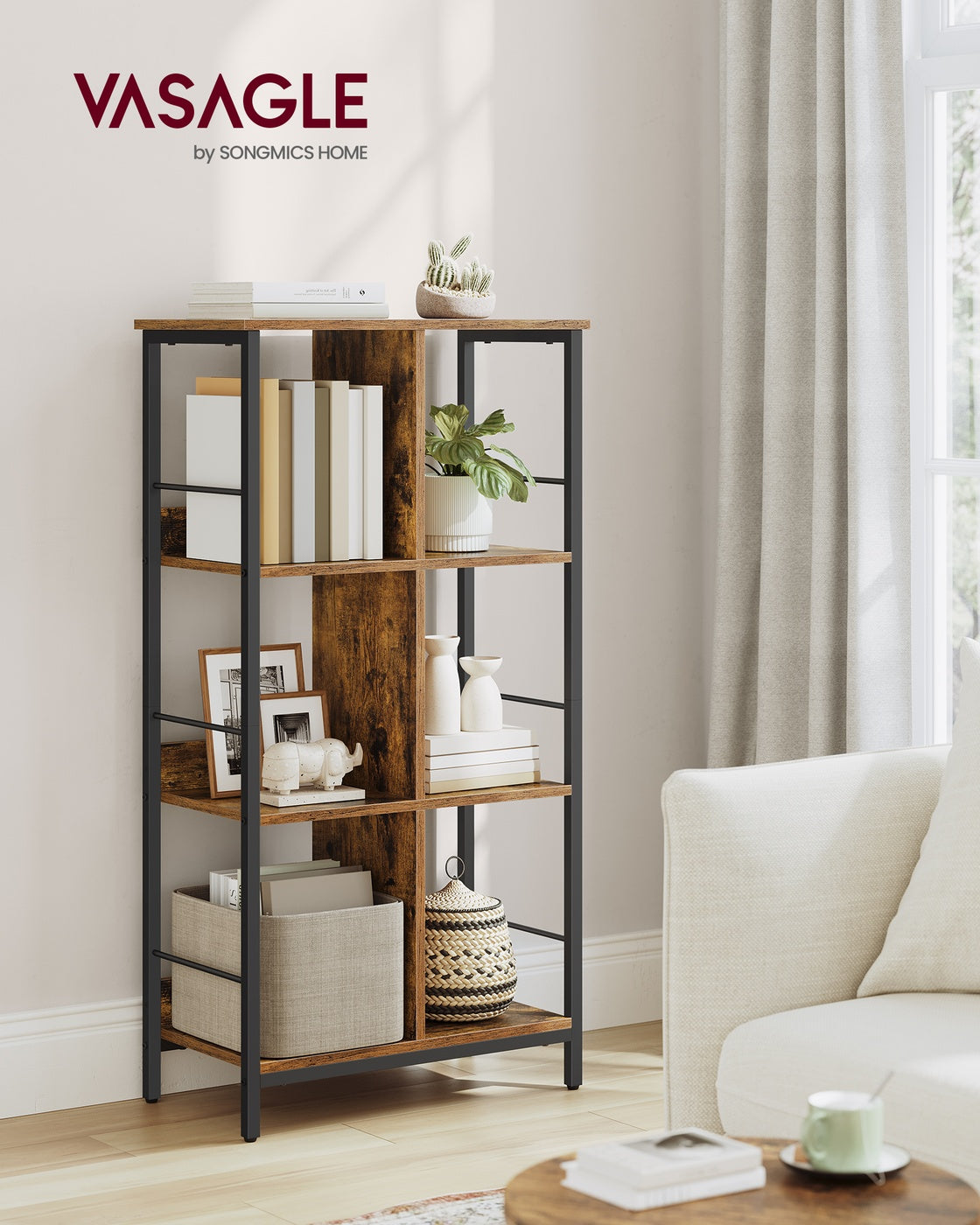 VASAGLE Regal mit 3 Ebenen, Bücherregal, Standregal mit 6 Fächern, für Wohnzimmer, Schlafzimmer, Arbeitszimmer, Küche, 30 x 60 x 114 cm, vintagebraun-tintenschwarz LLS178KD01
