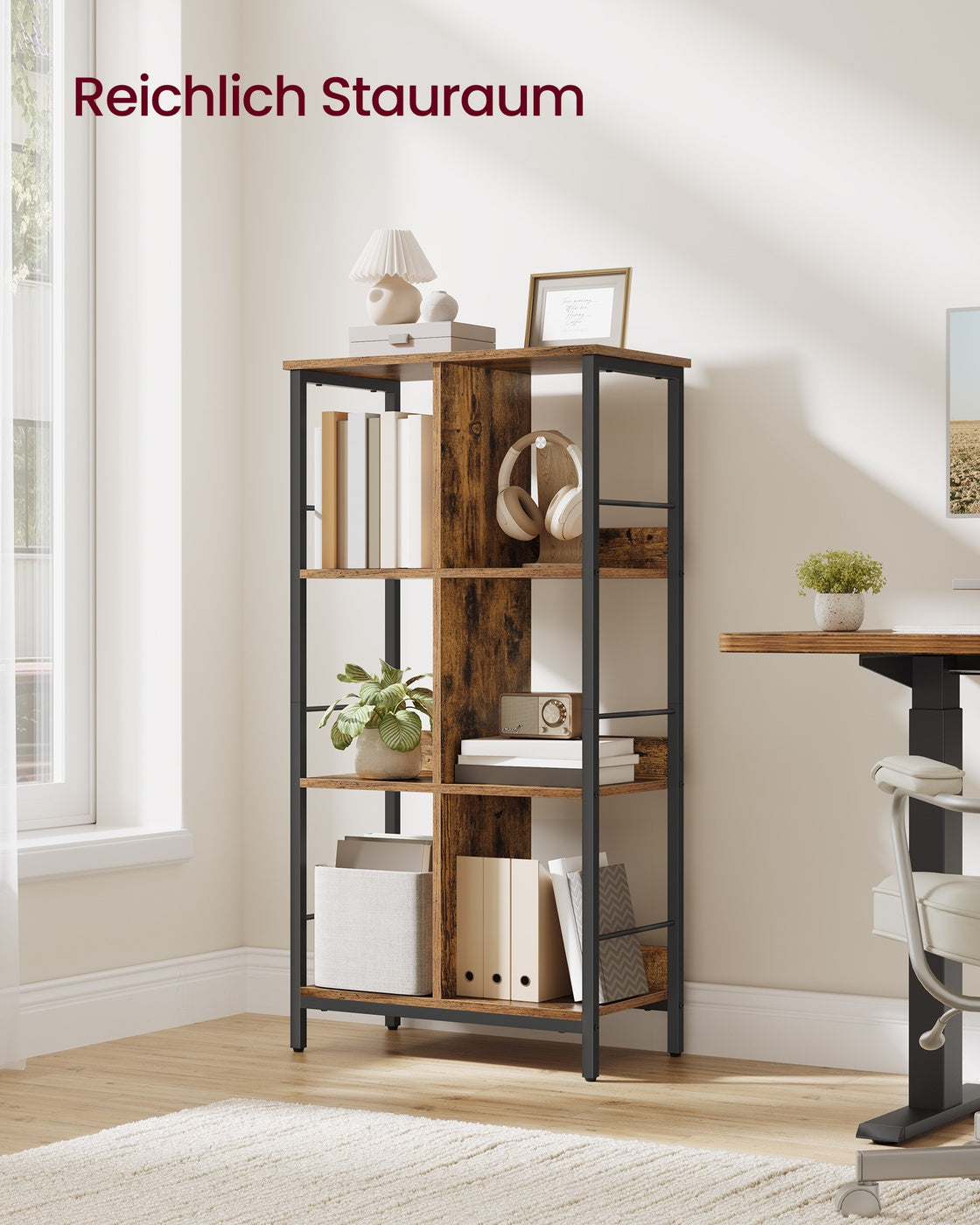 VASAGLE Regal mit 3 Ebenen, Bücherregal, Standregal mit 6 Fächern, für Wohnzimmer, Schlafzimmer, Arbeitszimmer, Küche, 30 x 60 x 114 cm, vintagebraun-tintenschwarz LLS178KD01