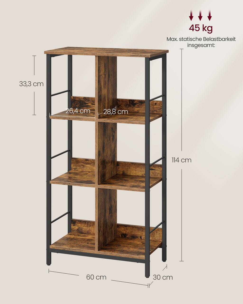 VASAGLE Regal mit 3 Ebenen, Bücherregal, Standregal mit 6 Fächern, für Wohnzimmer, Schlafzimmer, Arbeitszimmer, Küche, 30 x 60 x 114 cm, vintagebraun-tintenschwarz LLS178KD01