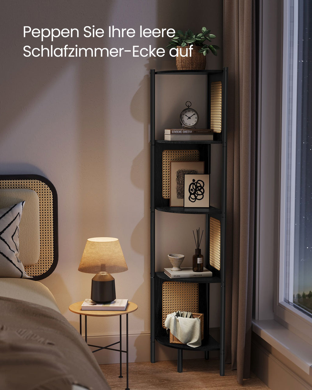 Eckregal mit 5 Ebenen und Rattan-Seitenplatten ebenholzschwarz