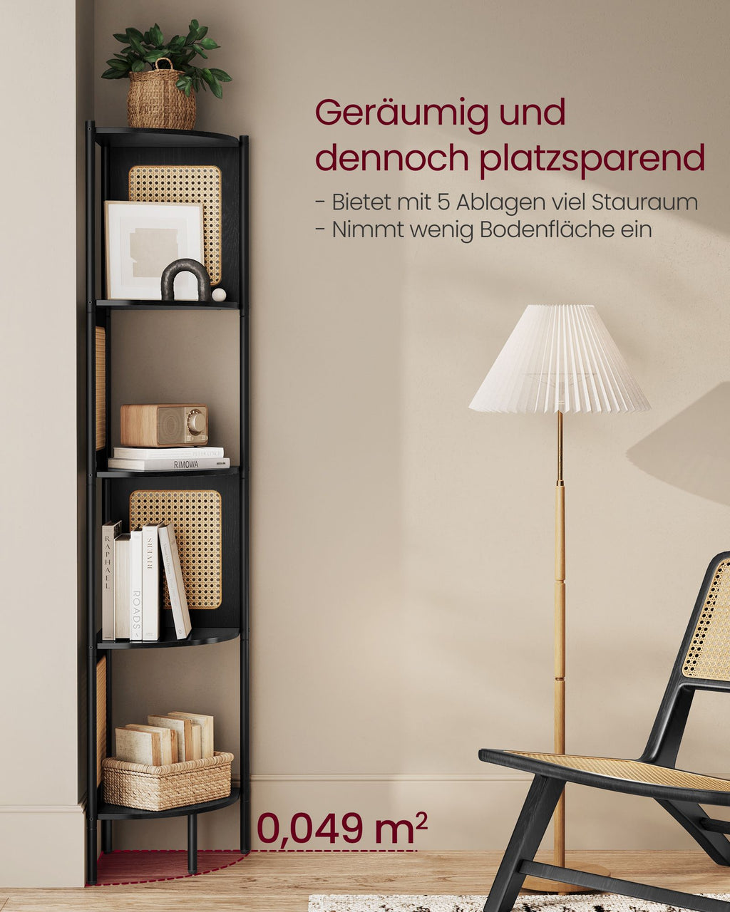 Eckregal mit 5 Ebenen und Rattan-Seitenplatten ebenholzschwarz