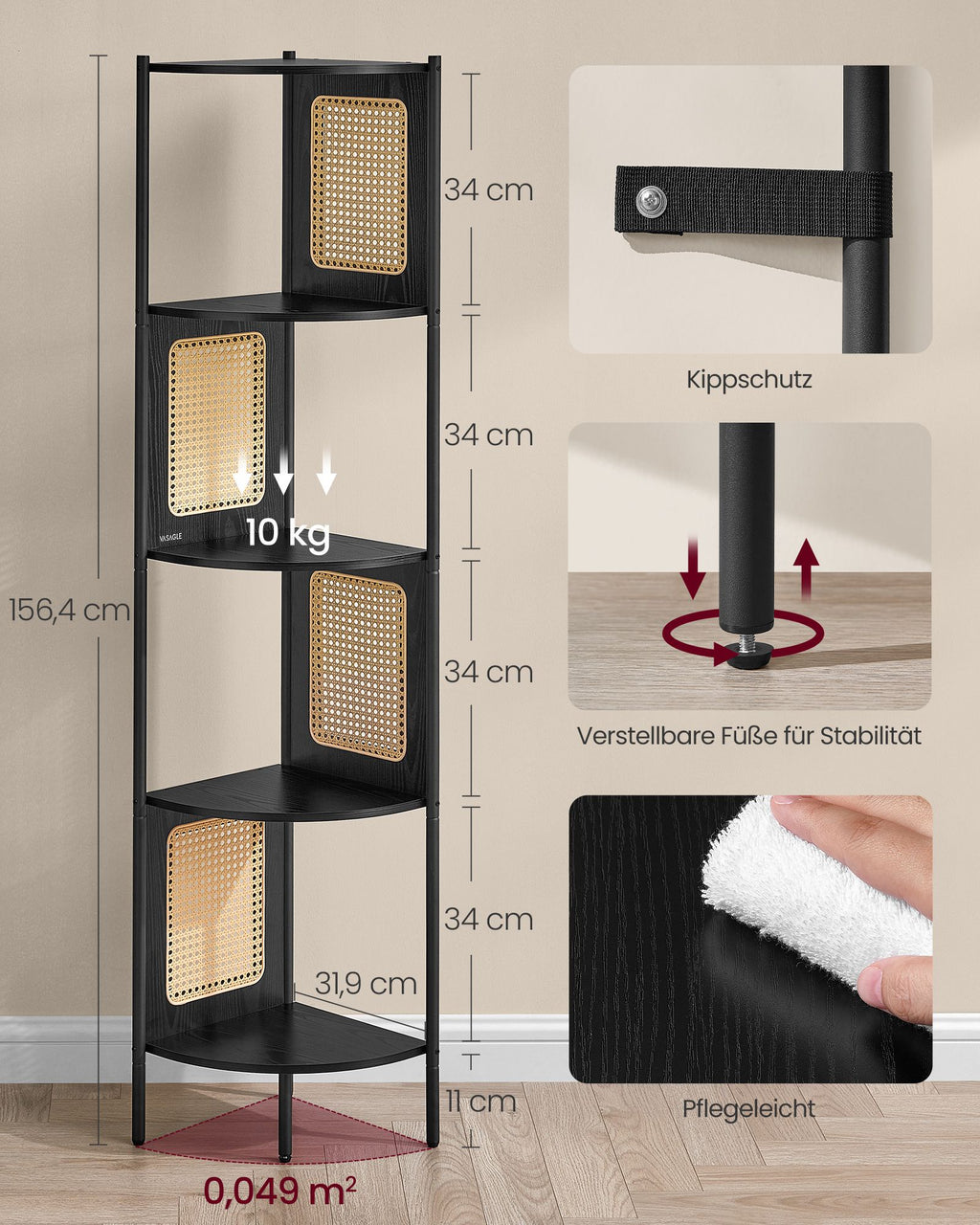 Eckregal mit 5 Ebenen und Rattan-Seitenplatten ebenholzschwarz