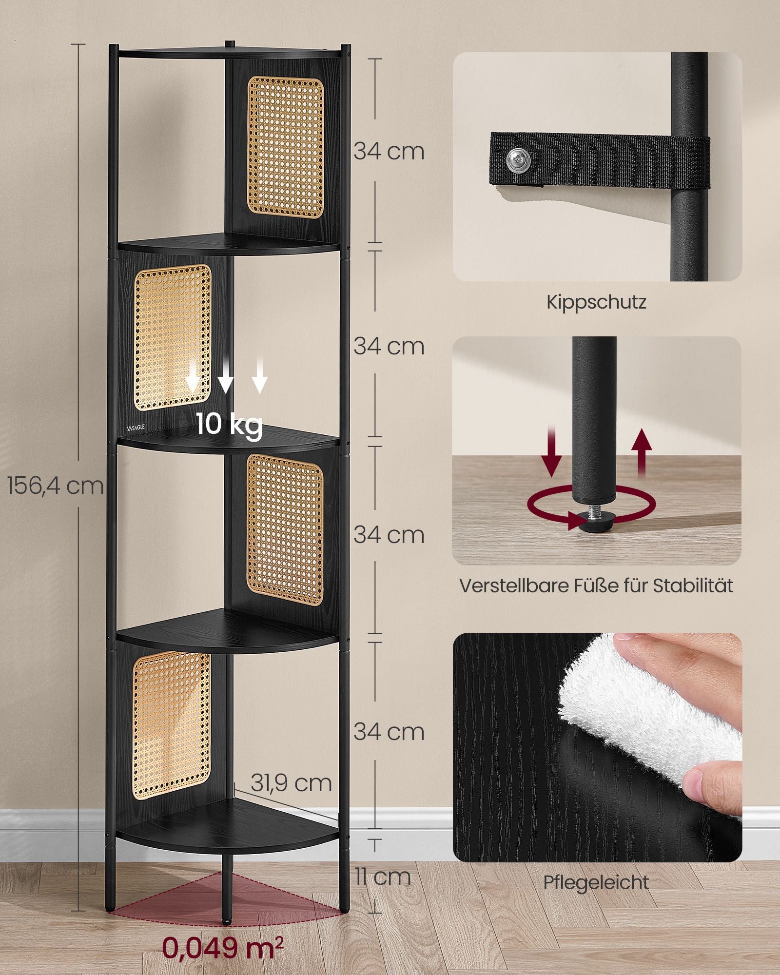 Eckregal mit 5 Ebenen und Rattan-Seitenplatten ebenholzschwarz