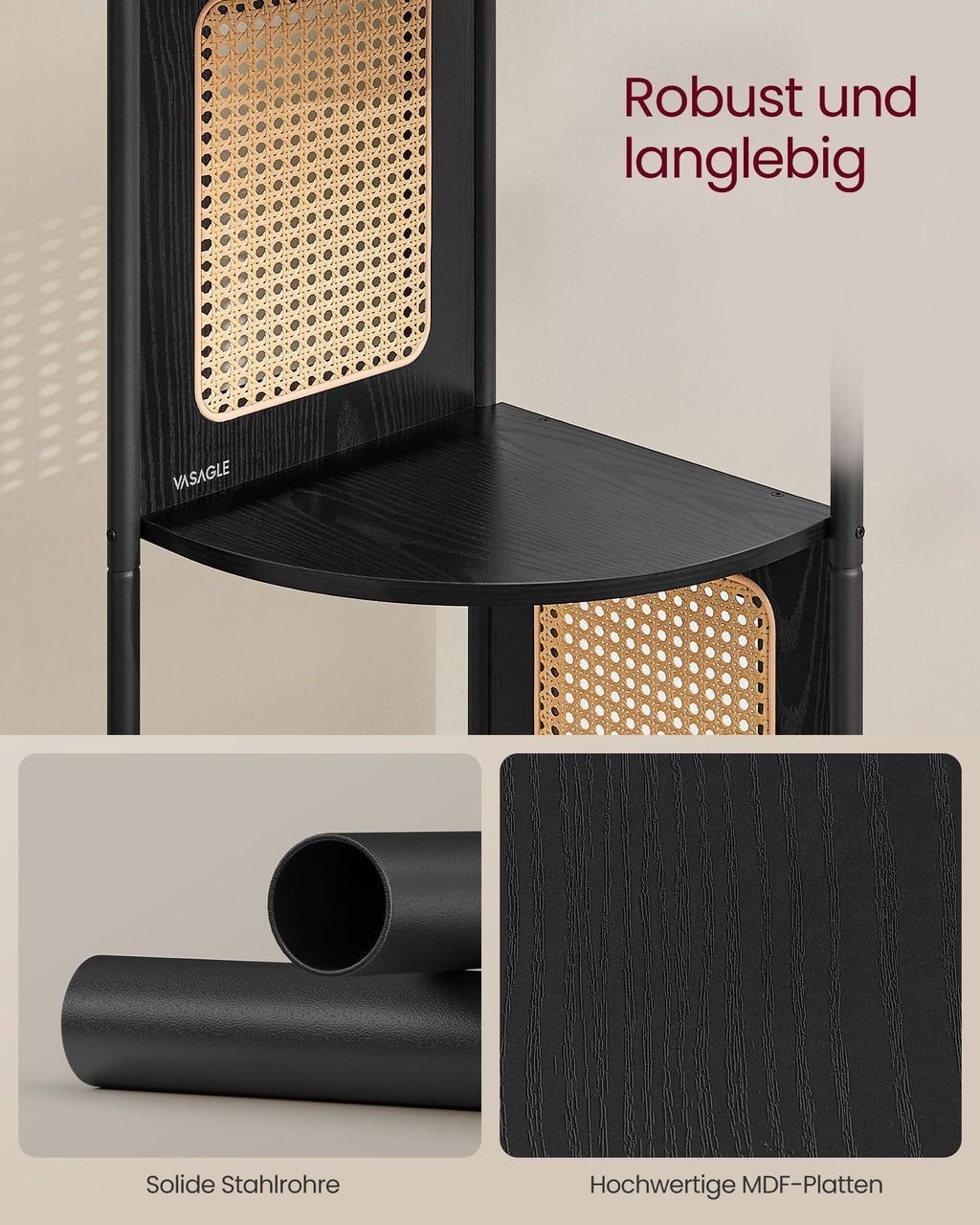 Eckregal mit 5 Ebenen und Rattan-Seitenplatten ebenholzschwarz
