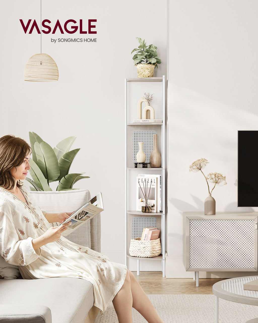Eckregal mit 5 Ebenen und Rattan-Seitenplatten haferflockenbeige