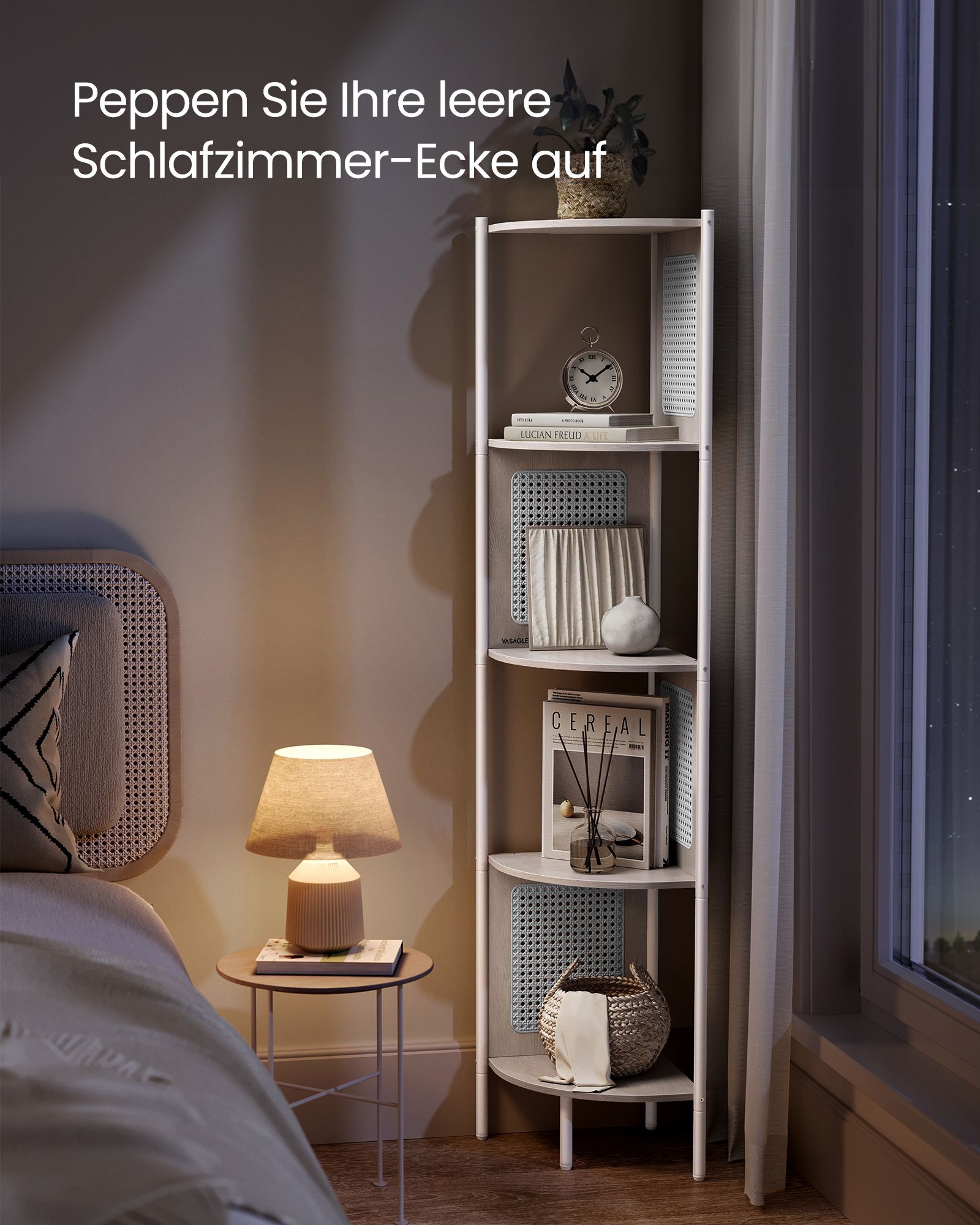 Eckregal mit 5 Ebenen und Rattan-Seitenplatten haferflockenbeige