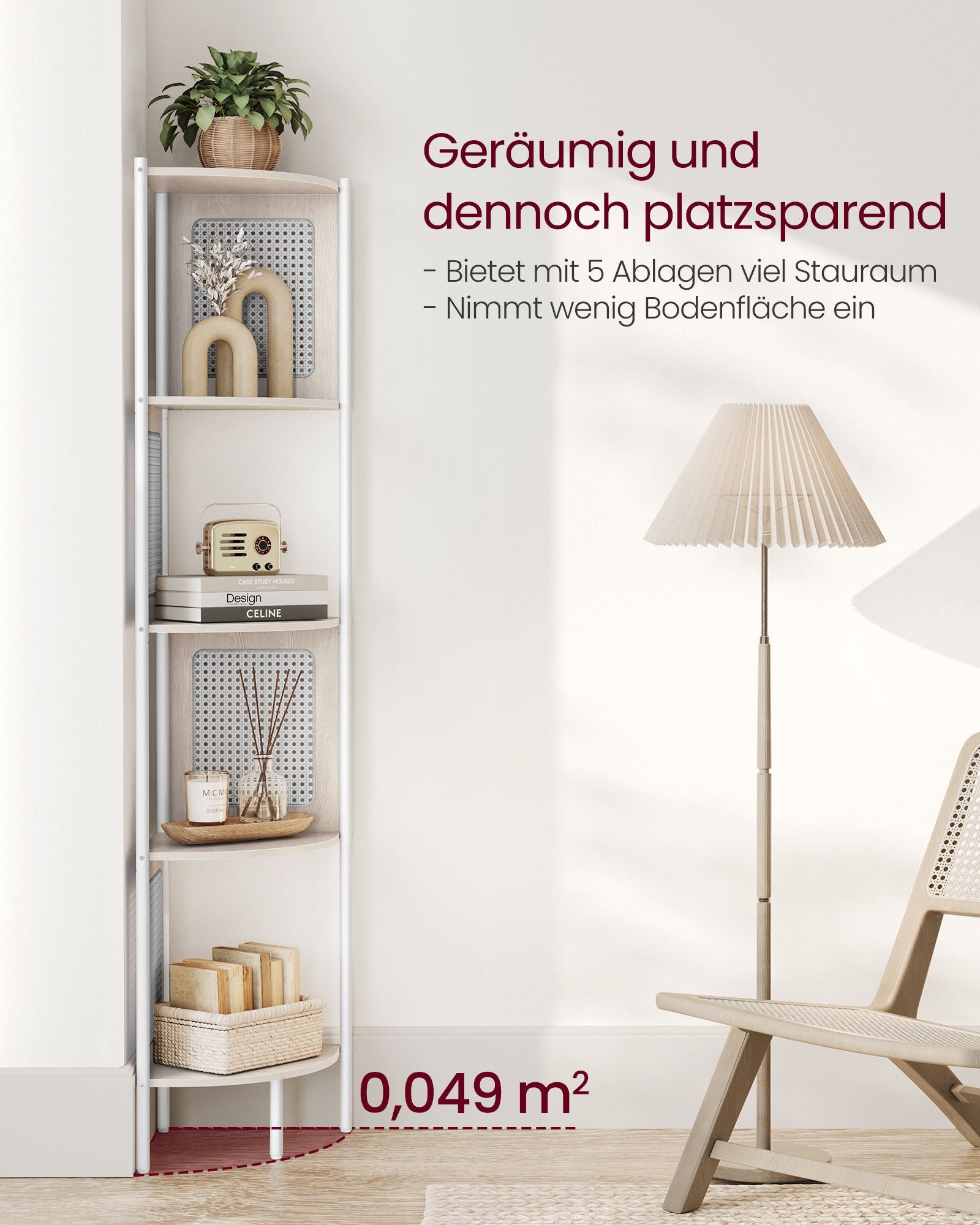 Eckregal mit 5 Ebenen und Rattan-Seitenplatten haferflockenbeige