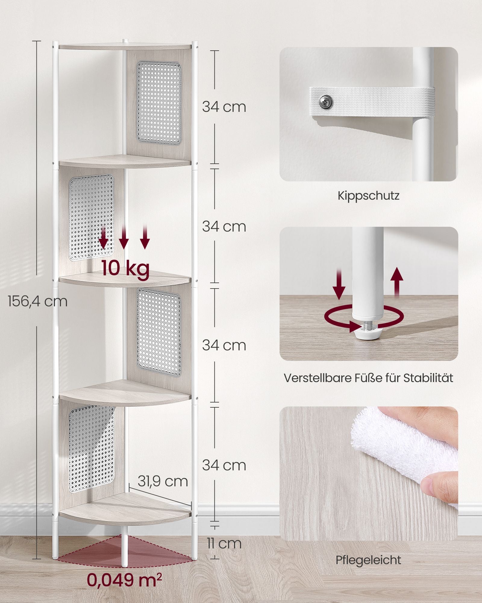 Eckregal mit 5 Ebenen und Rattan-Seitenplatten haferflockenbeige