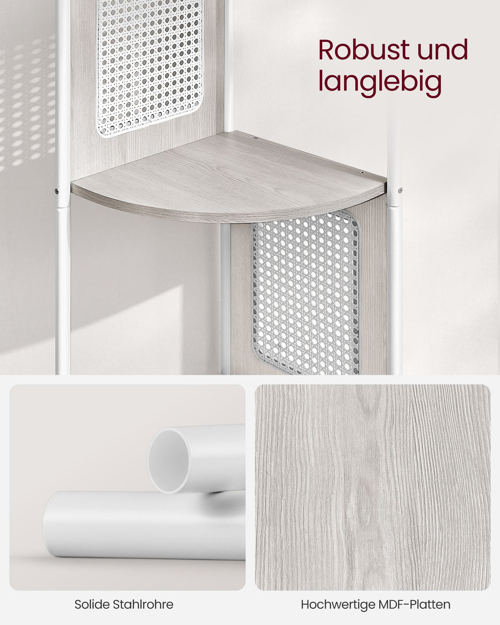 Eckregal mit 5 Ebenen und Rattan-Seitenplatten haferflockenbeige