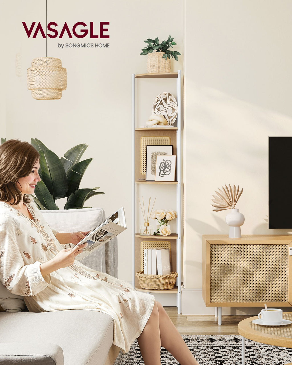 Eckregal mit 5 Ebenen und Rattan-Seitenplatten eichenbeige