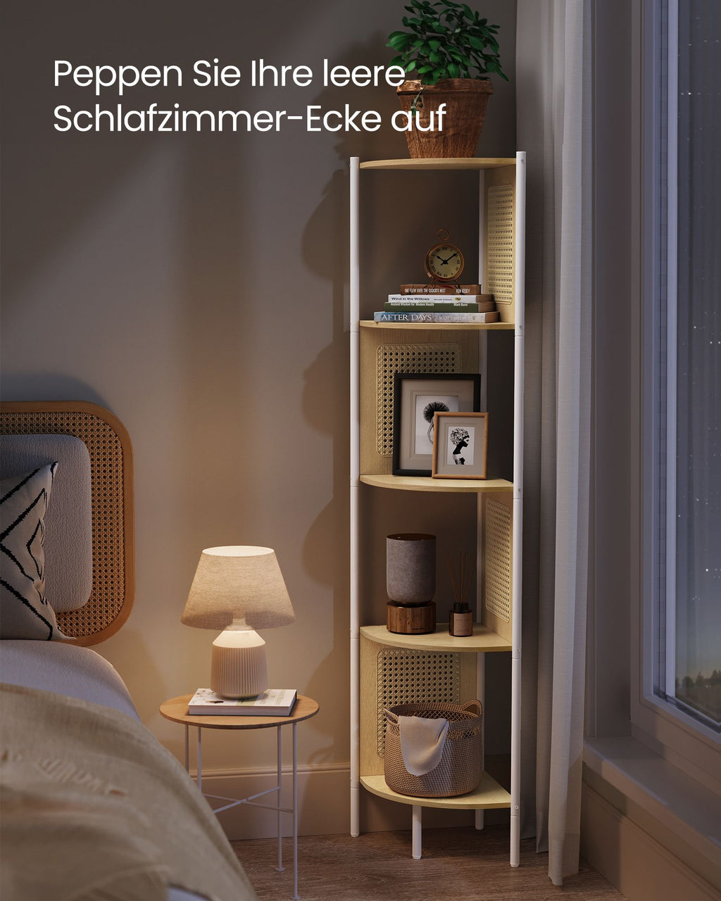 Eckregal mit 5 Ebenen und Rattan-Seitenplatten eichenbeige