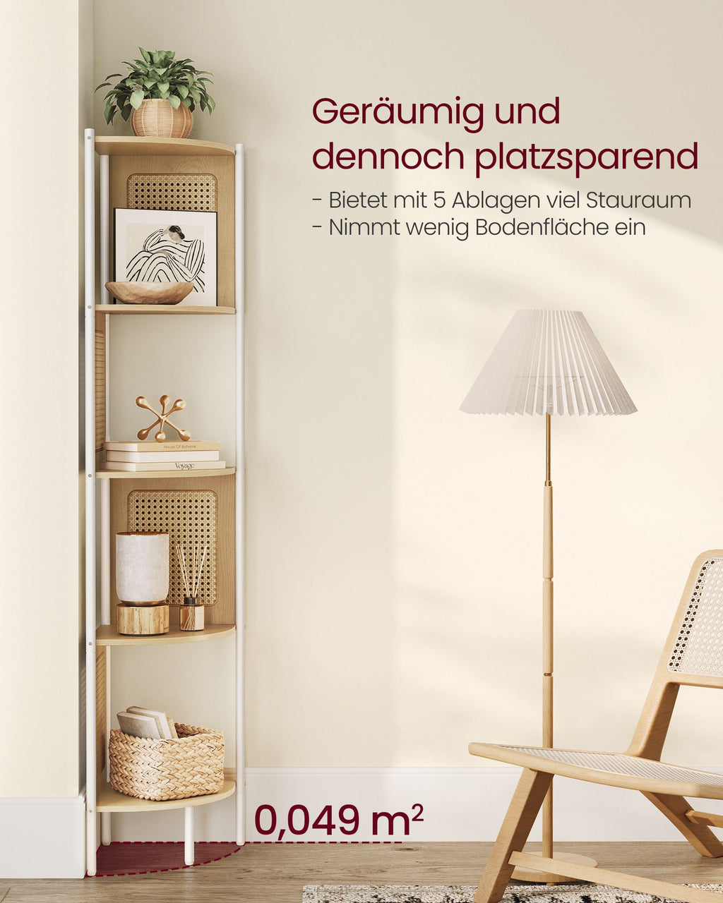 Eckregal mit 5 Ebenen und Rattan-Seitenplatten eichenbeige