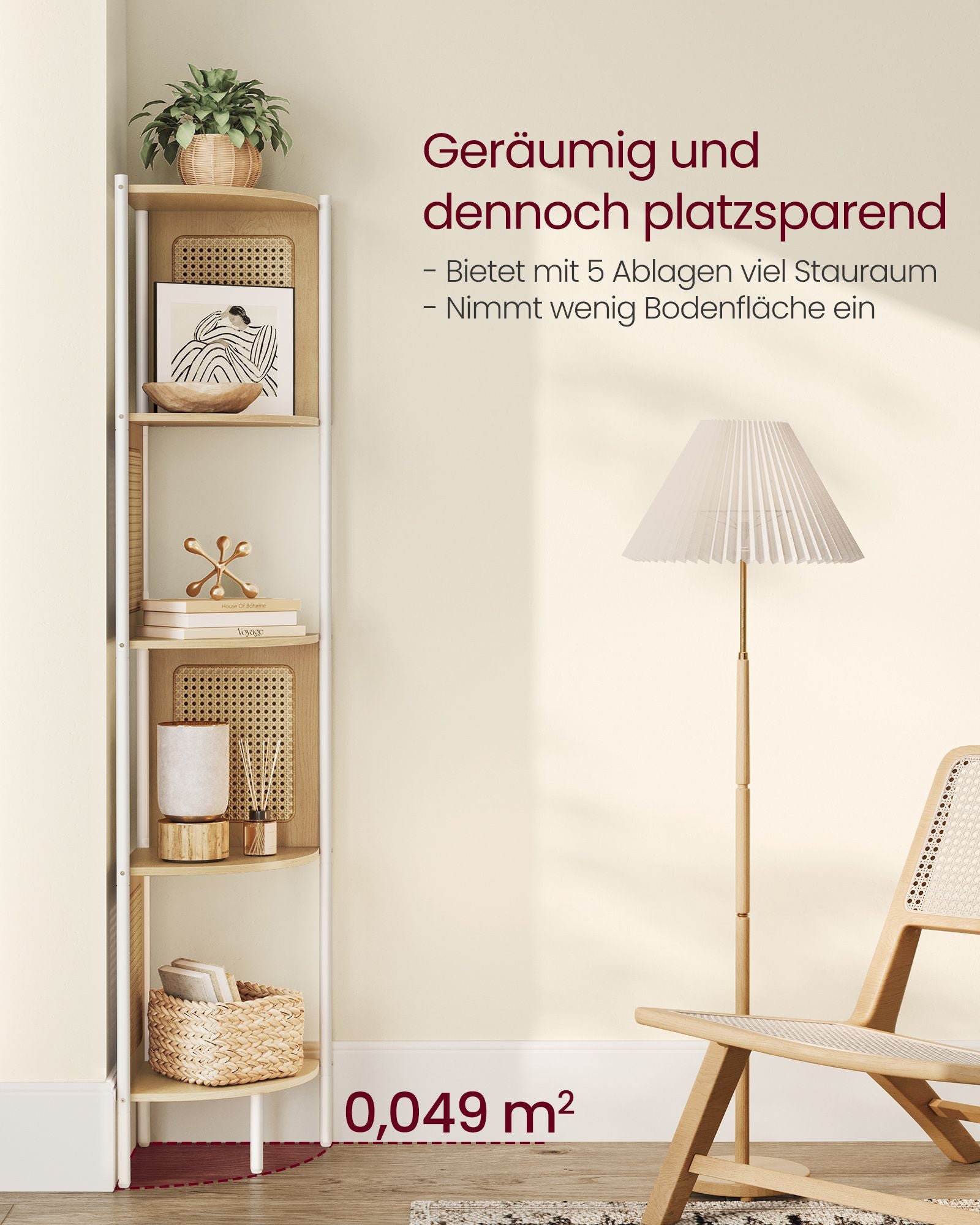 Eckregal mit 5 Ebenen und Rattan-Seitenplatten eichenbeige