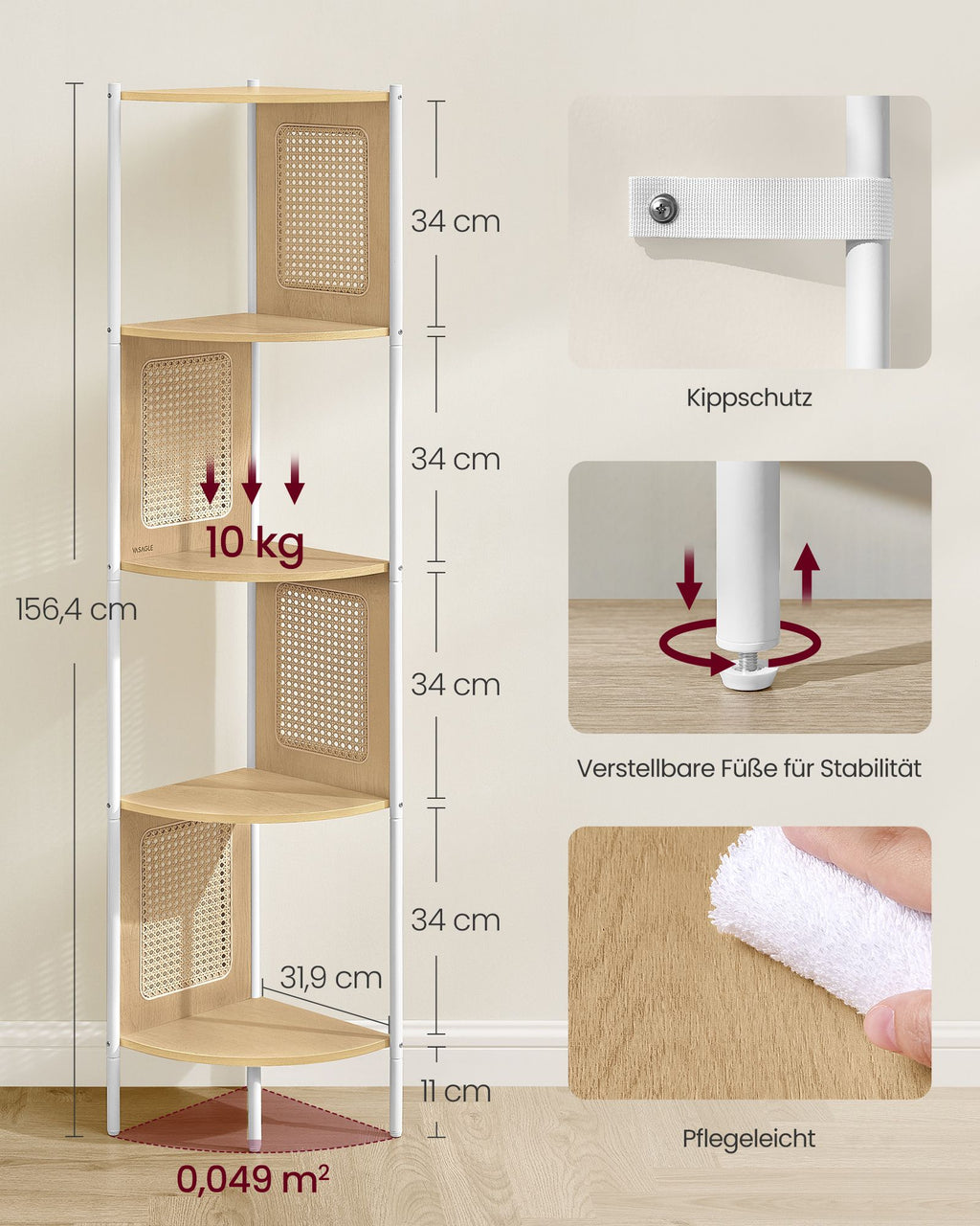 Eckregal mit 5 Ebenen und Rattan-Seitenplatten eichenbeige