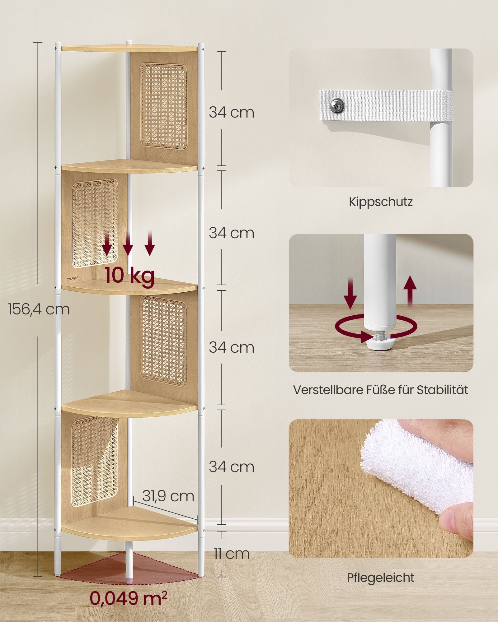 Eckregal mit 5 Ebenen und Rattan-Seitenplatten eichenbeige