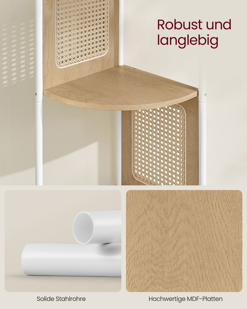 Eckregal mit 5 Ebenen und Rattan-Seitenplatten eichenbeige