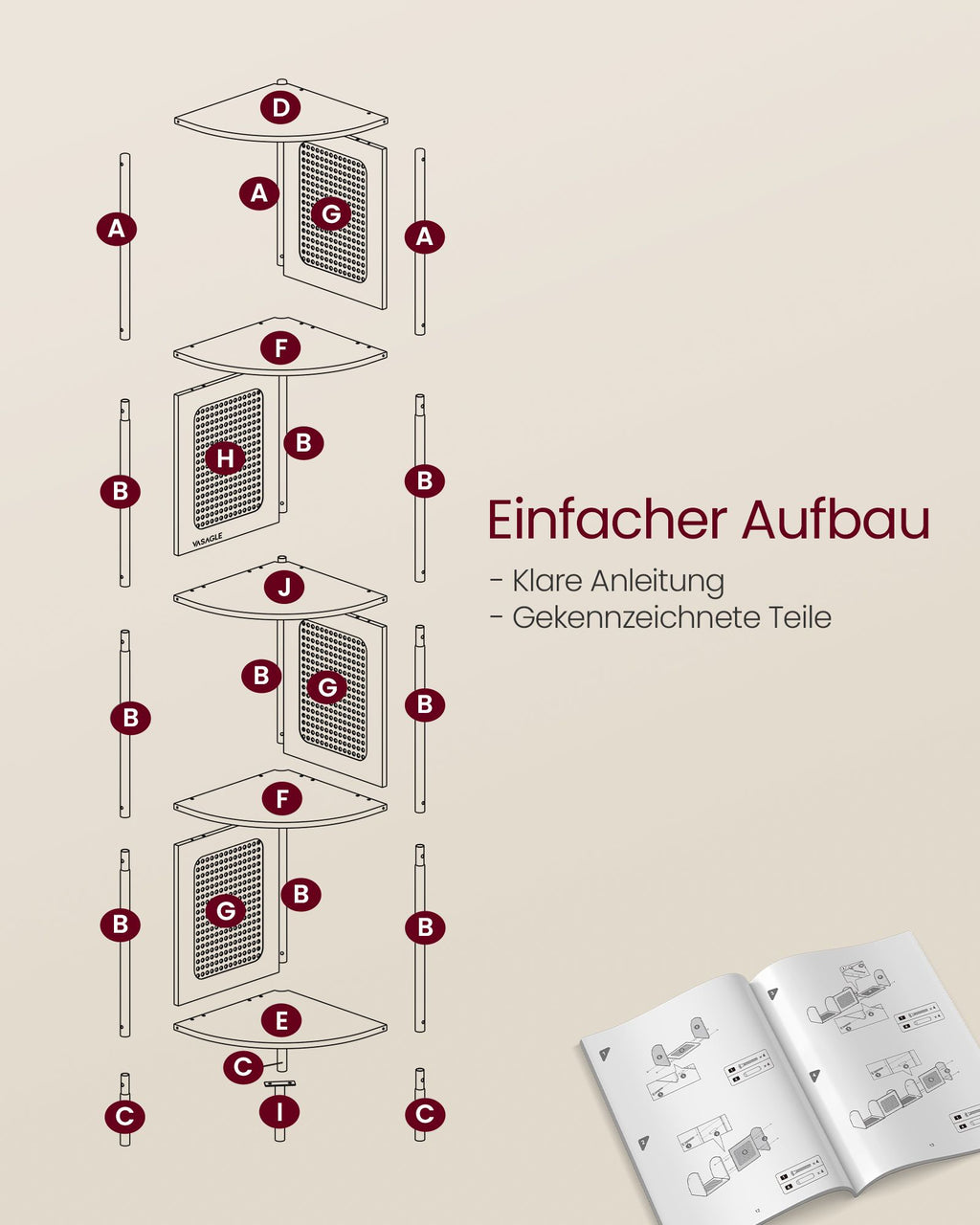 Eckregal mit 5 Ebenen und Rattan-Seitenplatten eichenbeige