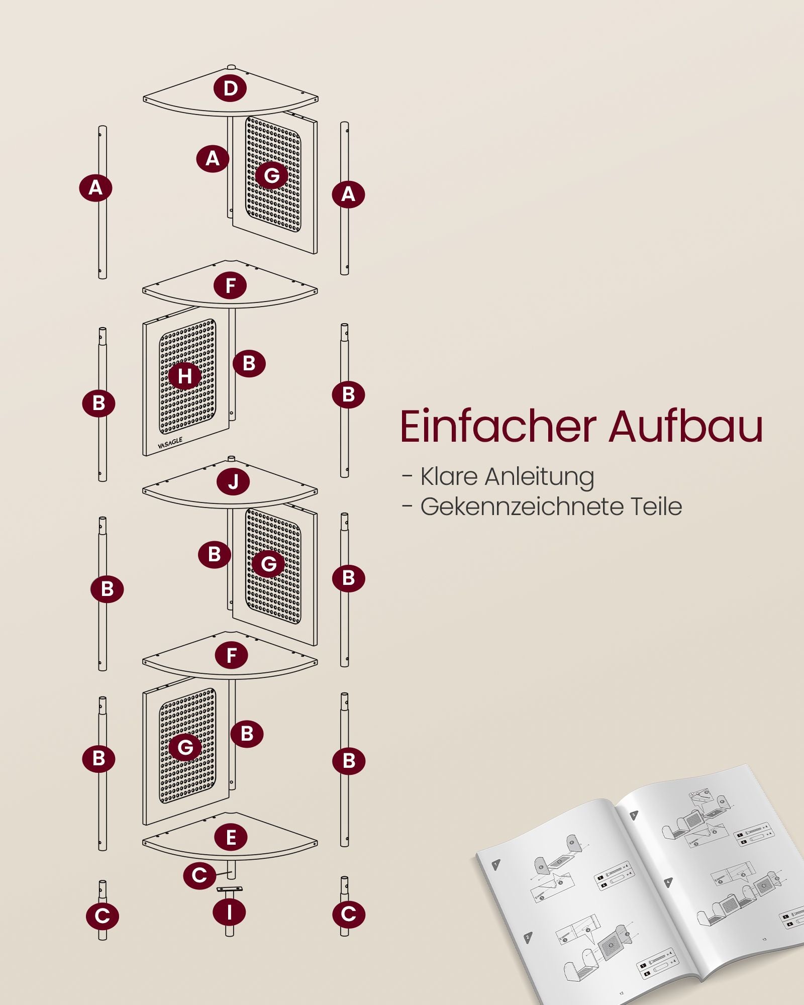 Eckregal mit 5 Ebenen und Rattan-Seitenplatten eichenbeige