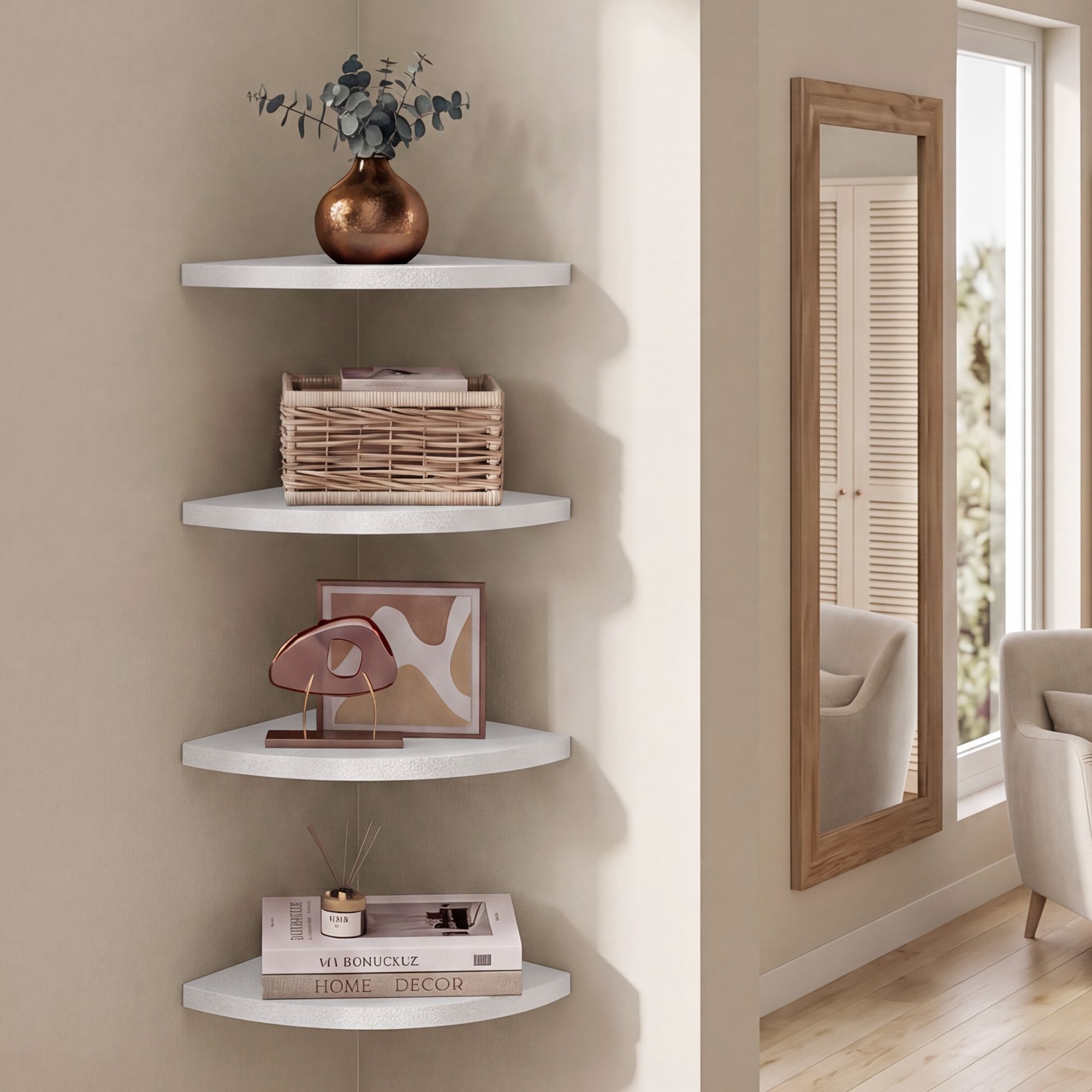 2er Set Eckregal, Fächerförmiges Schweberegal für Schlafzimmer, 20 x 20 x 1