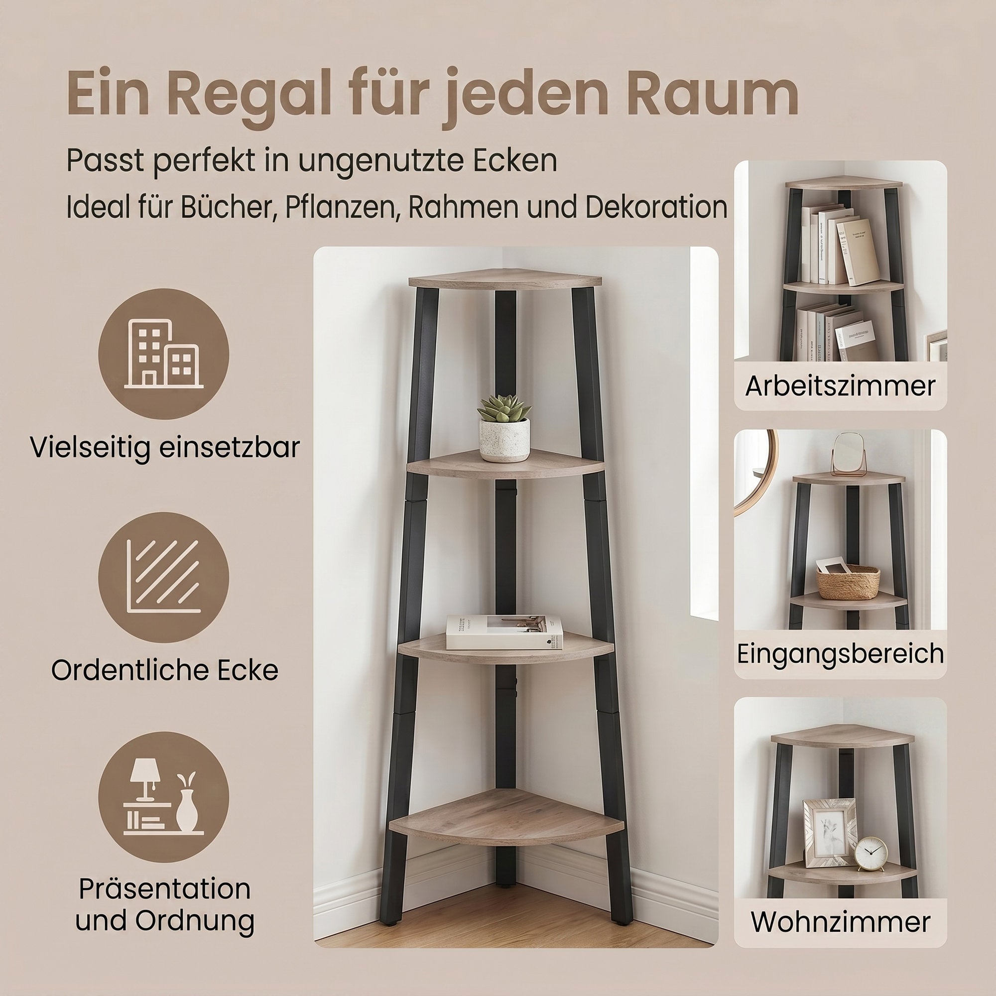 Eckregal, Bücherregal mit 4 Ebenen, Leiterregal