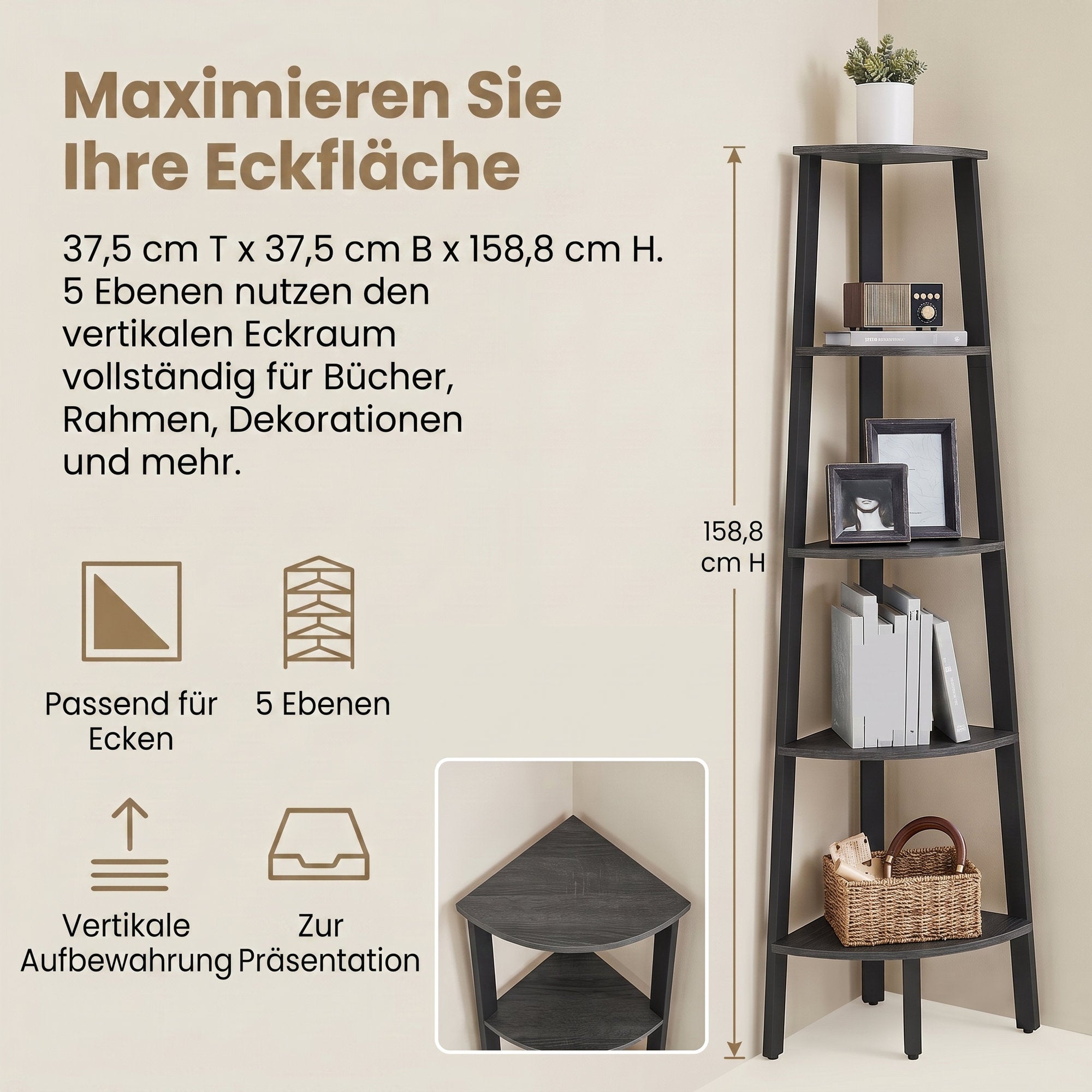 Eckregal, Bücherregal mit 5 Ebenen, Leiterregal