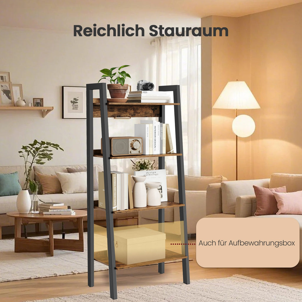 Bücherregal, Leiterregal 4 Ebenen, schmales Regal
